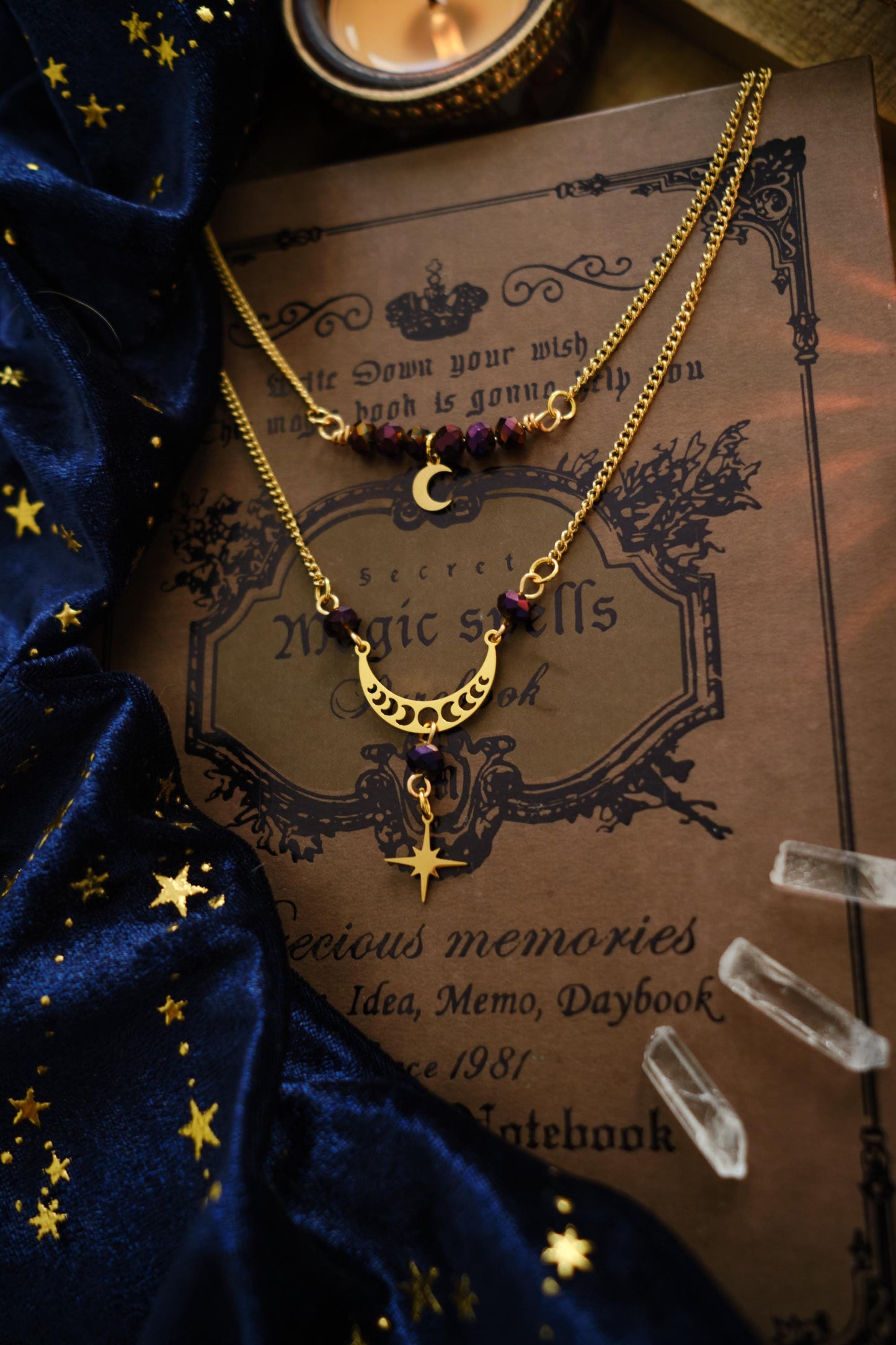 Celestial Necklace with Moon and Star Charm, Witchy Double Strand Necklace, Whimsigoth Jewelry - Gold