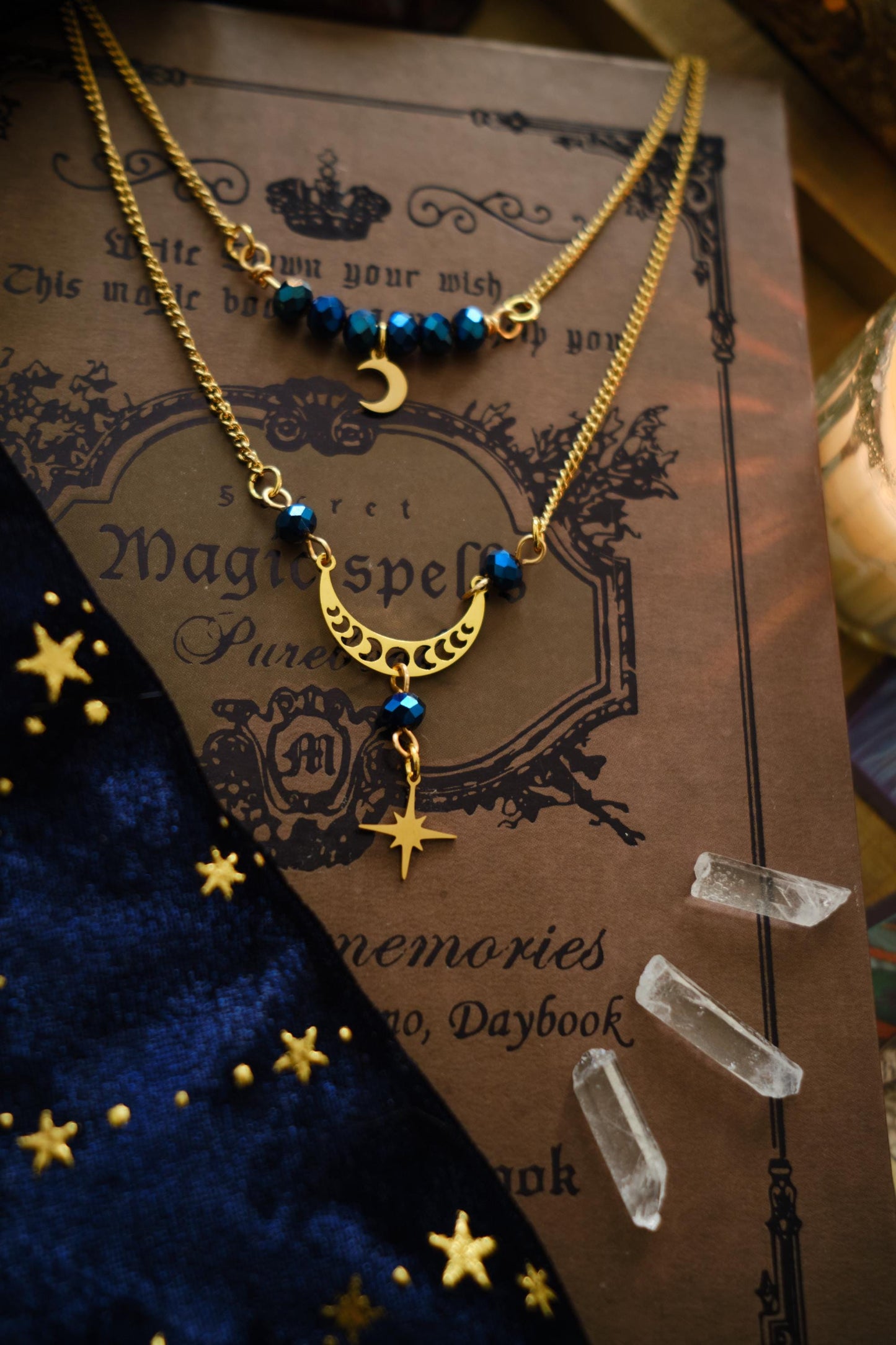 Celestial Necklace with Moon and Star Charm, Witchy Double Strand Necklace, Whimsigoth Jewelry - Gold