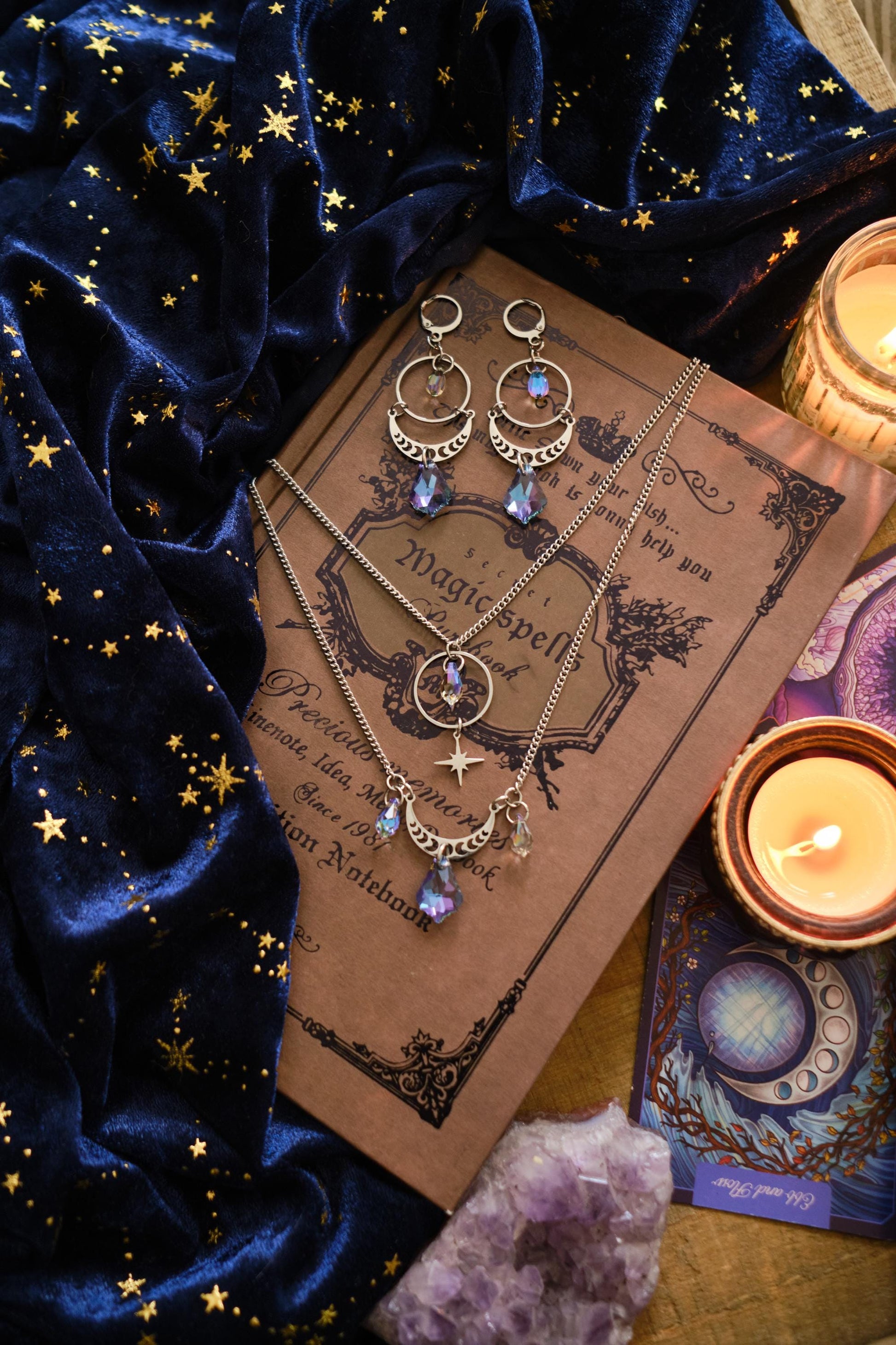 Celestial Suncatcher Earrings with Moon Phases, Rainbow Maker Crystal, Lunar Jewelry with Prism