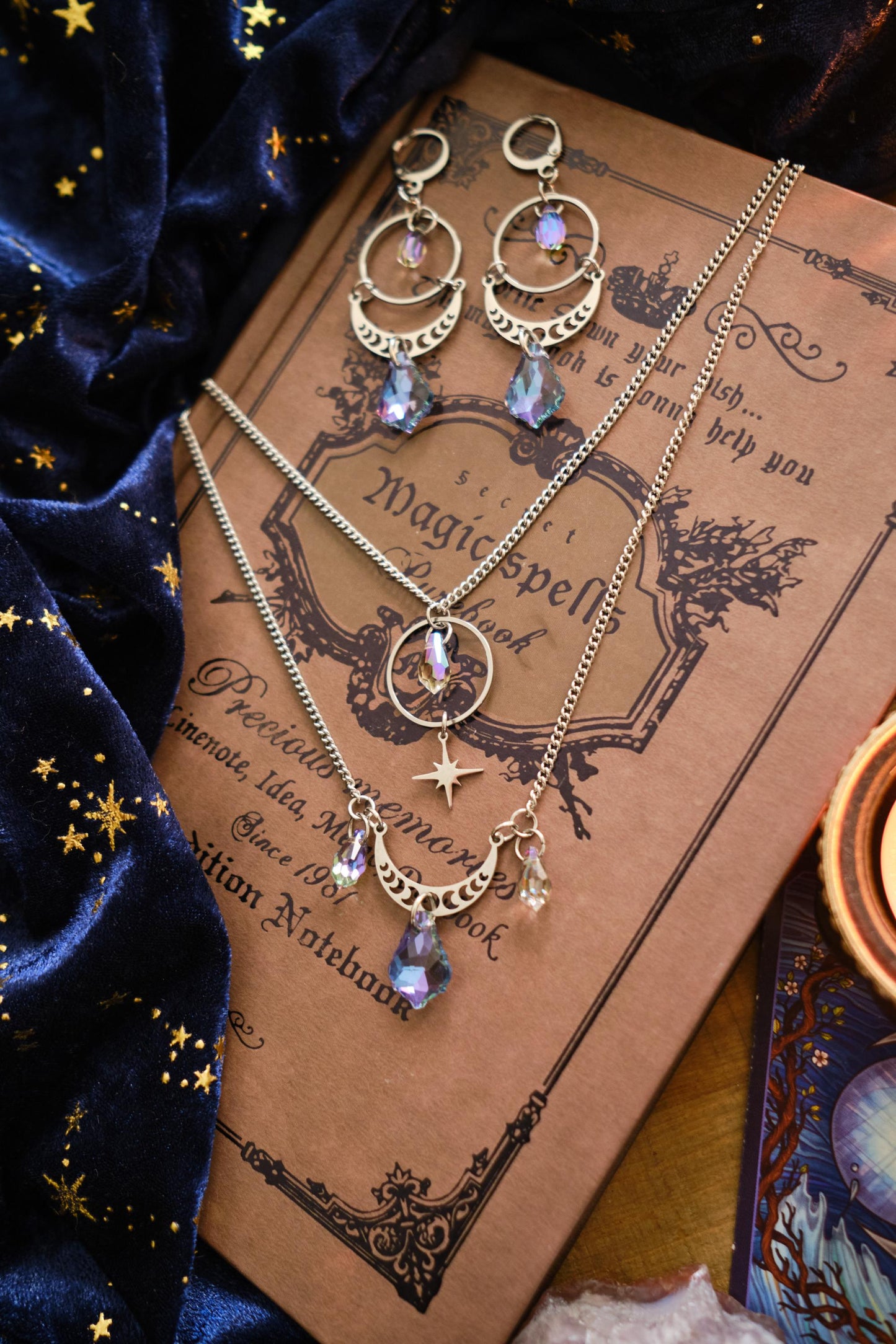 Celestial Suncatcher Earrings with Moon Phases, Rainbow Maker Crystal, Lunar Jewelry with Prism