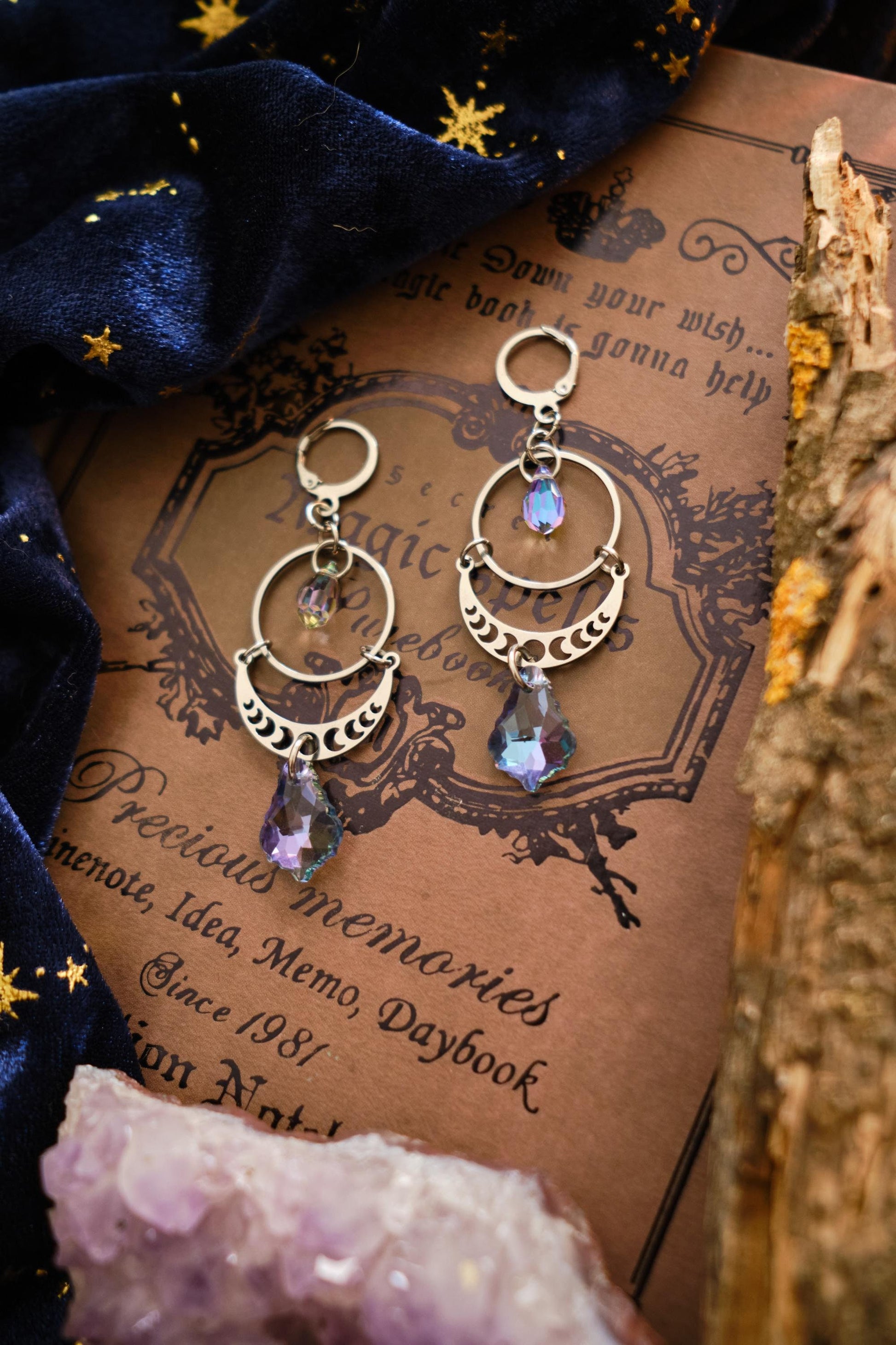 Celestial Suncatcher Earrings with Moon Phases, Rainbow Maker Crystal, Lunar Jewelry with Prism