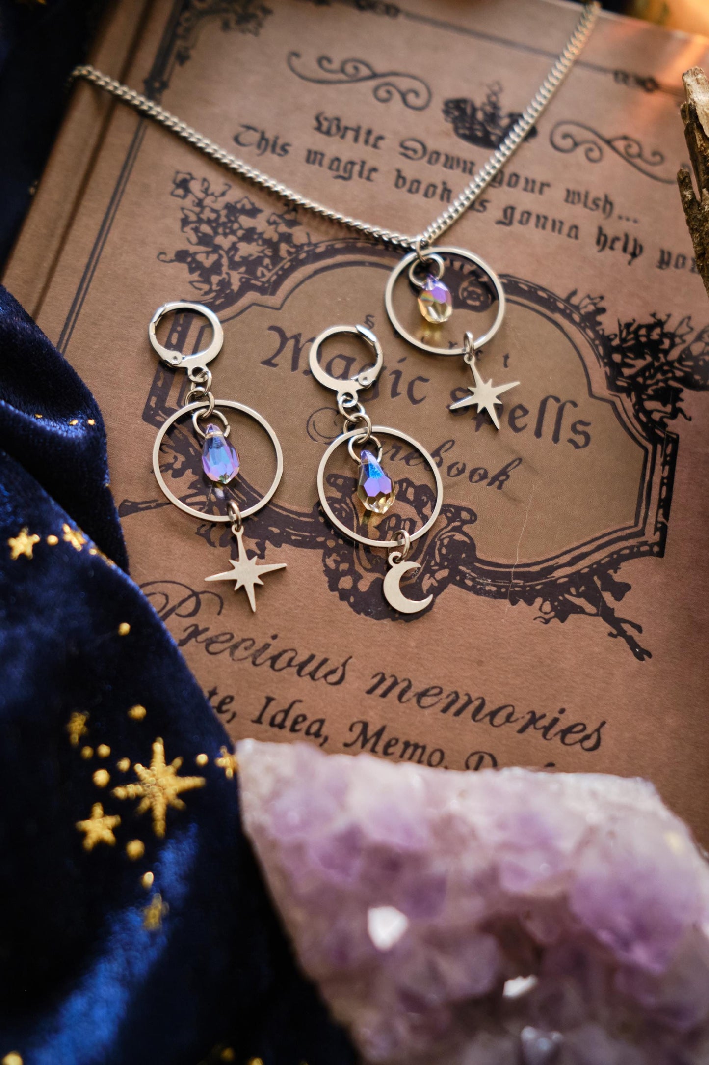 Celestial Necklace, Sparkly Minimalist Moon and Star Jewelry, Witchy Whimsigoth Style Pendant