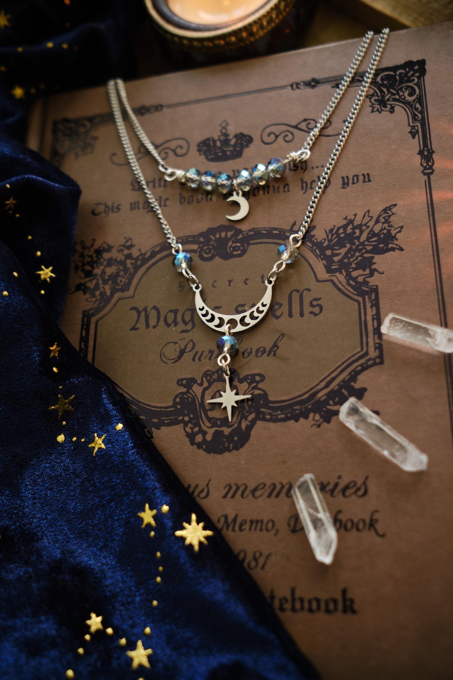 Witchy Necklace with Silver Moon and Star Charm, Celestial Jewelry, Whimsigoth Style - Silver