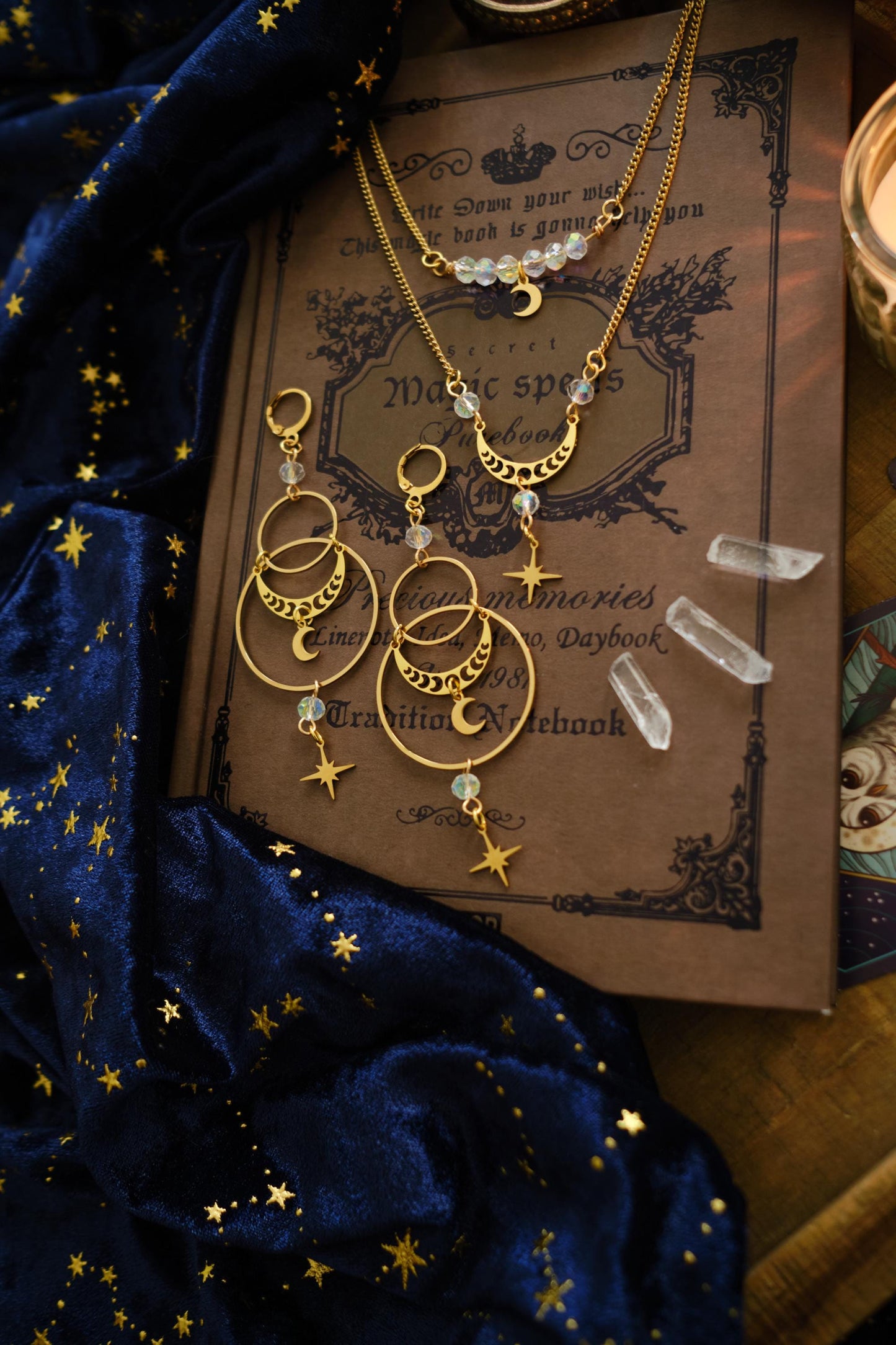 Celestial Necklace with Moon and Star Charm, Witchy Double Strand Necklace, Whimsigoth Jewelry - Gold