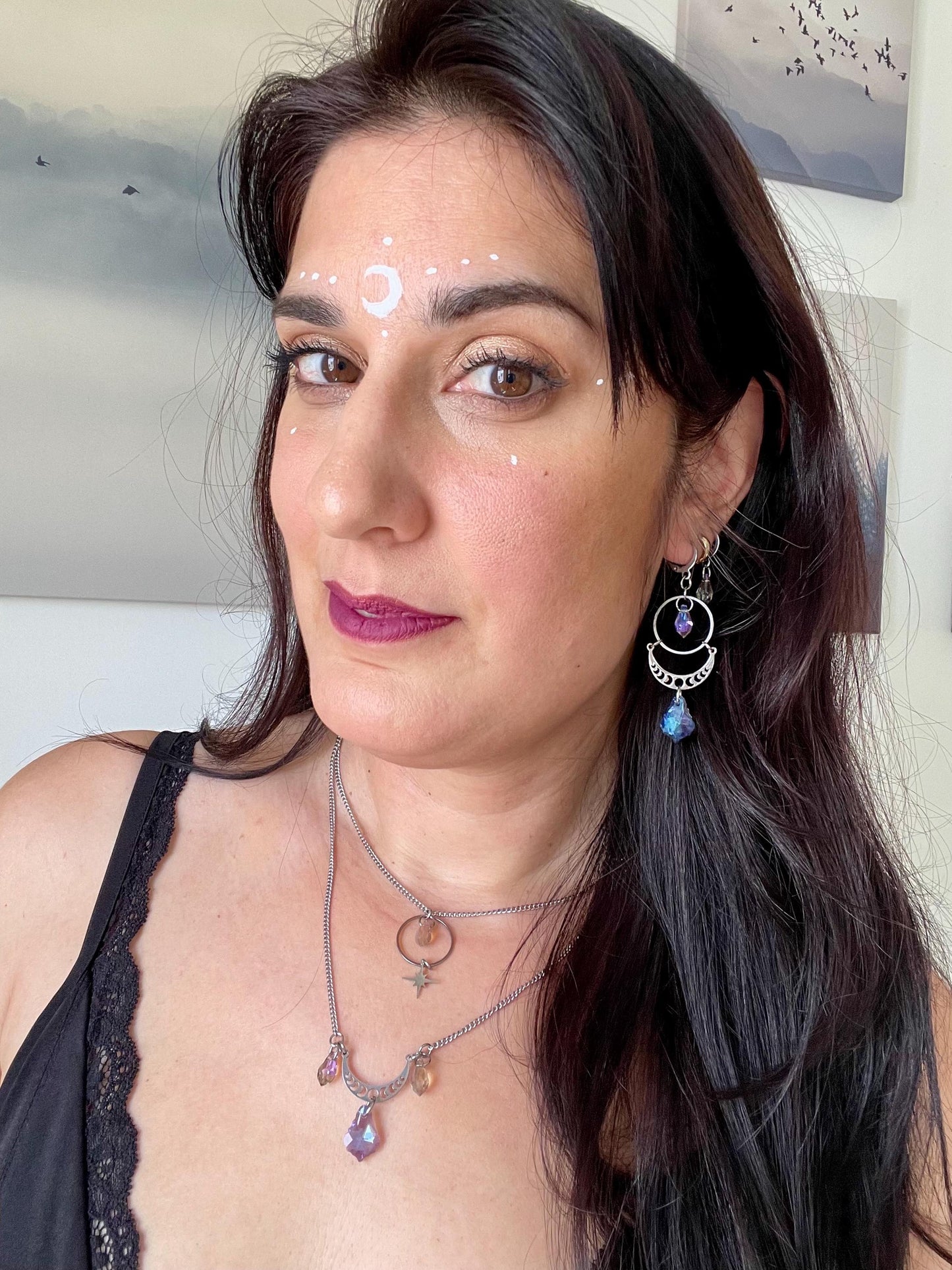 Celestial Suncatcher Earrings with Moon Phases, Rainbow Maker Crystal, Lunar Jewelry with Prism
