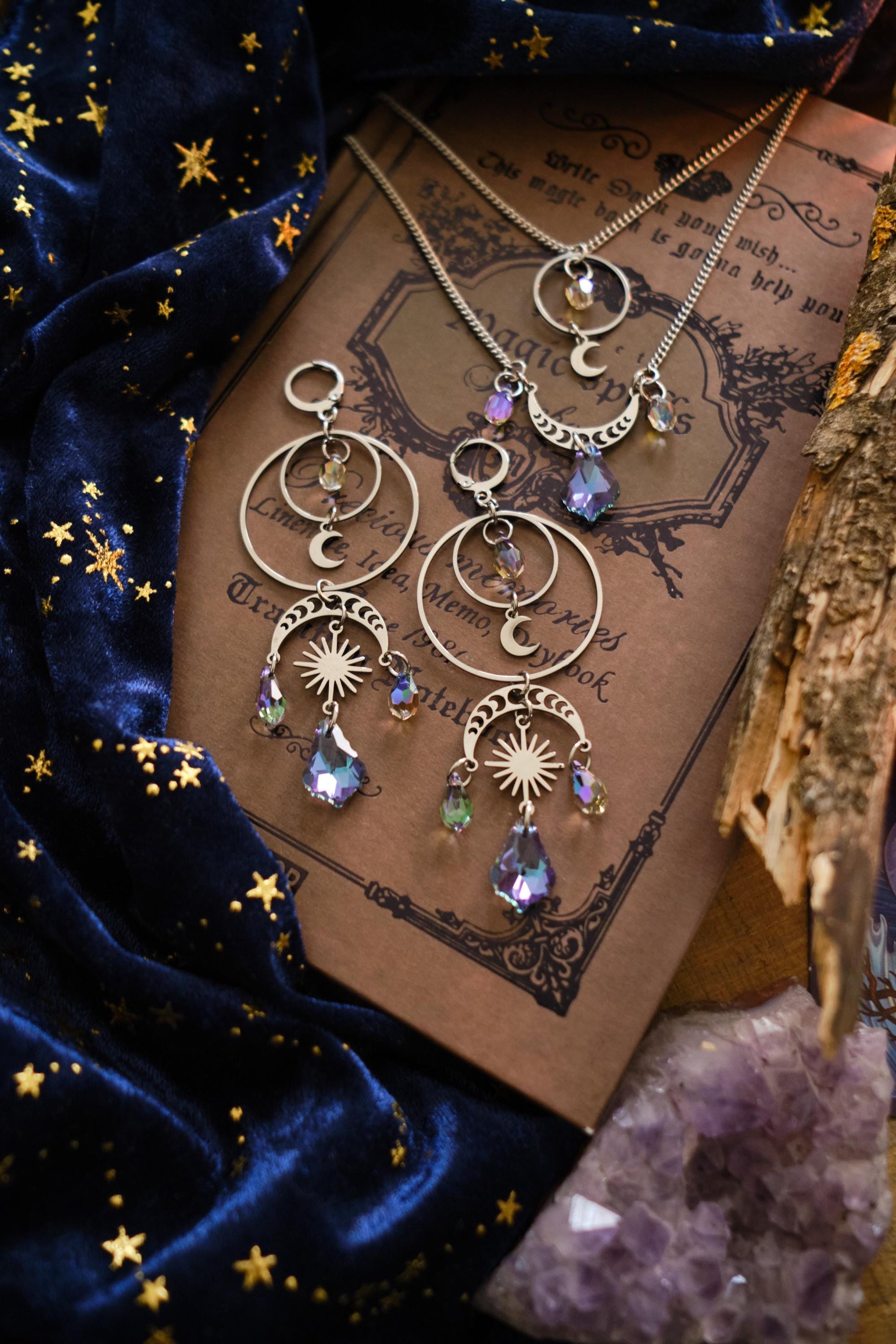 Moon and Star Suncatcher Crystal Earrings, Statement Celestial Jewelry, Holo Chandelier Bridal Earrings