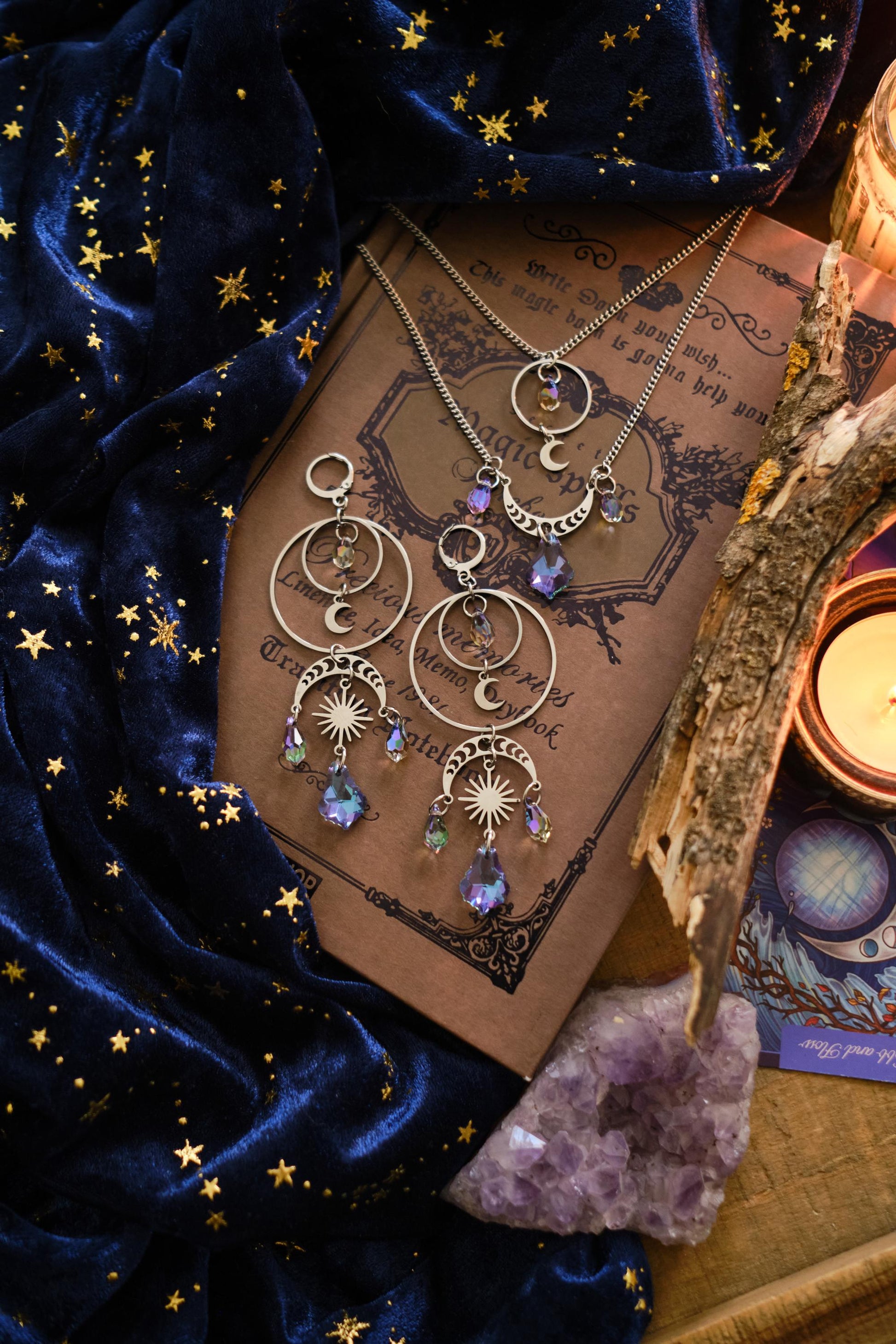Moon and Star Suncatcher Crystal Earrings, Statement Celestial Jewelry, Holo Chandelier Bridal Earrings