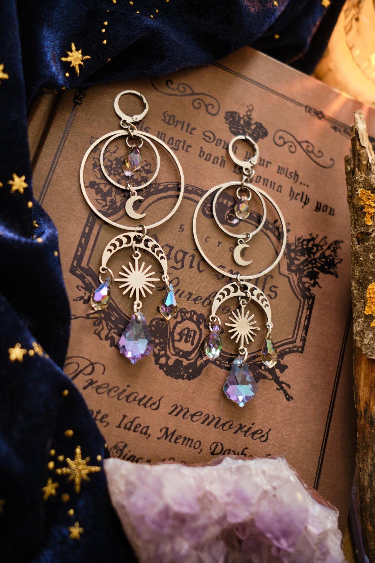 Moon and Star Suncatcher Crystal Earrings, Statement Celestial Jewelry, Holo Chandelier Bridal Earrings