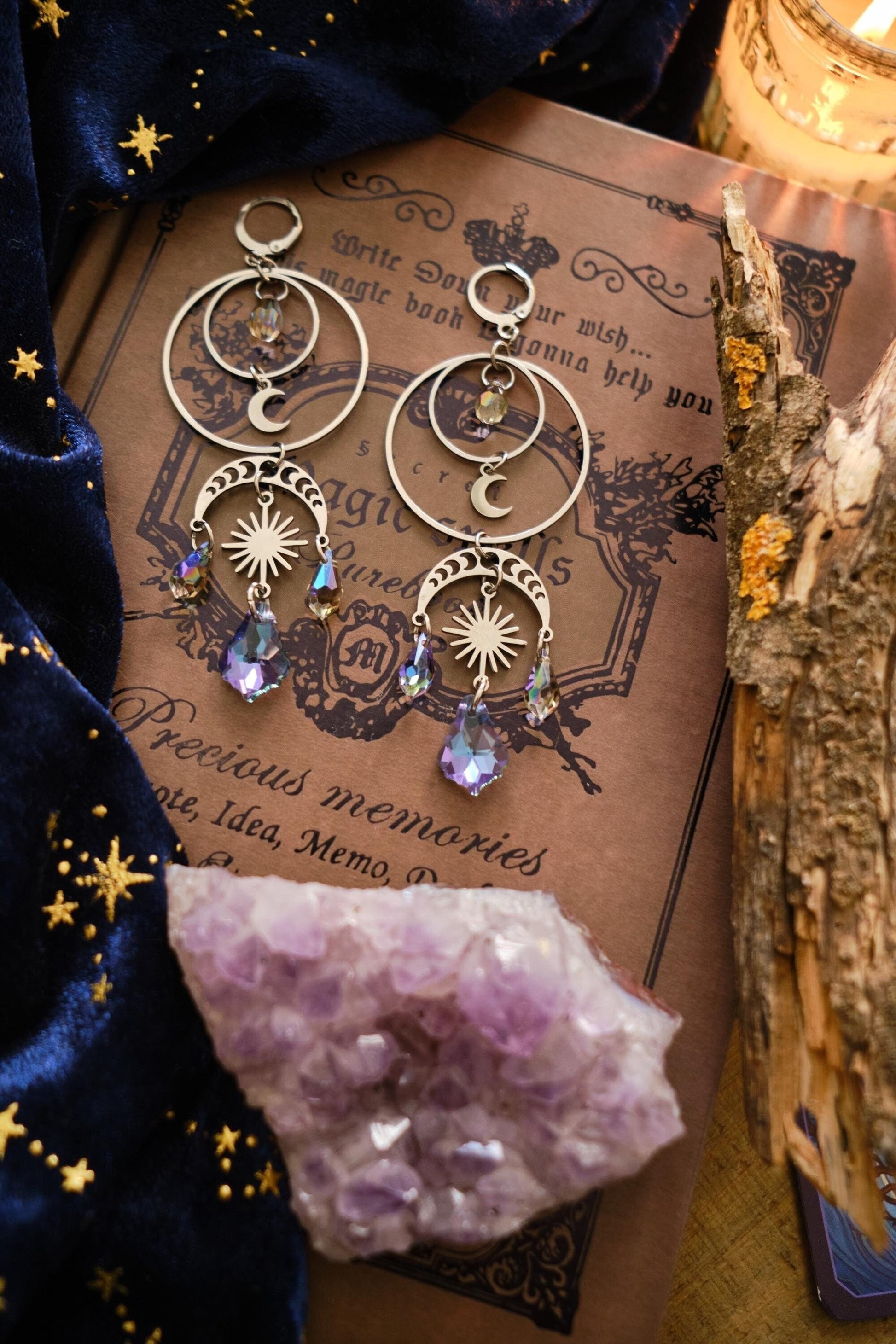 Moon and Star Suncatcher Crystal Earrings, Statement Celestial Jewelry, Holo Chandelier Bridal Earrings