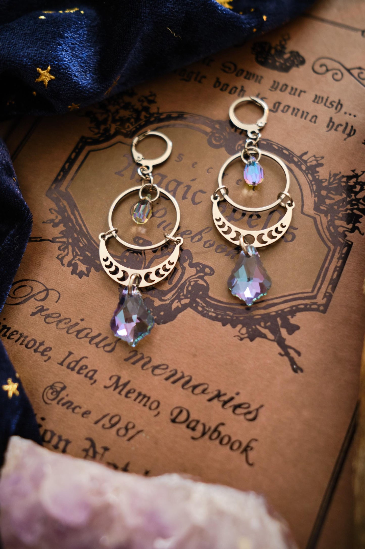Celestial Suncatcher Earrings with Moon Phases, Rainbow Maker Crystal, Lunar Jewelry with Prism
