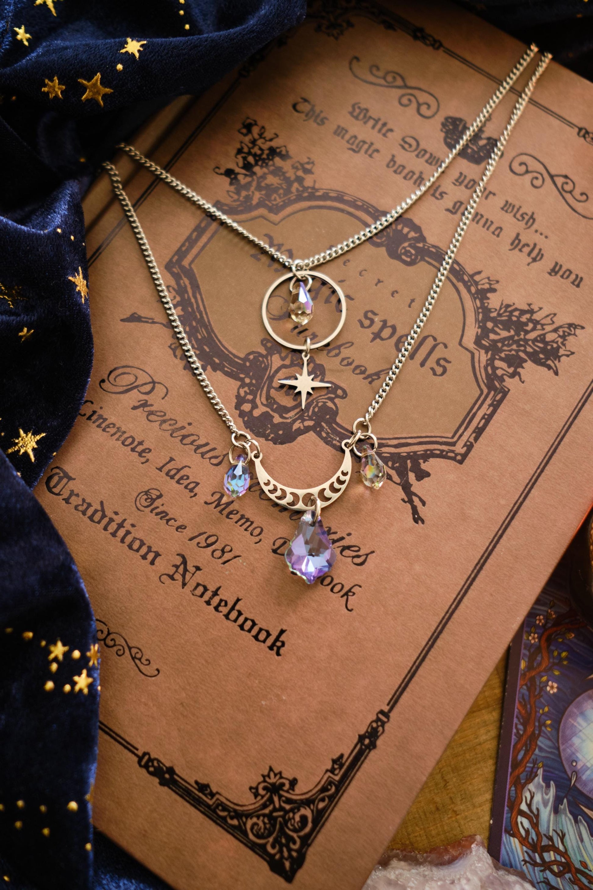 Witchy Suncatcher Necklace, Celestial Moon and Star Jewelry, Two-Strand Whimsigoth Style