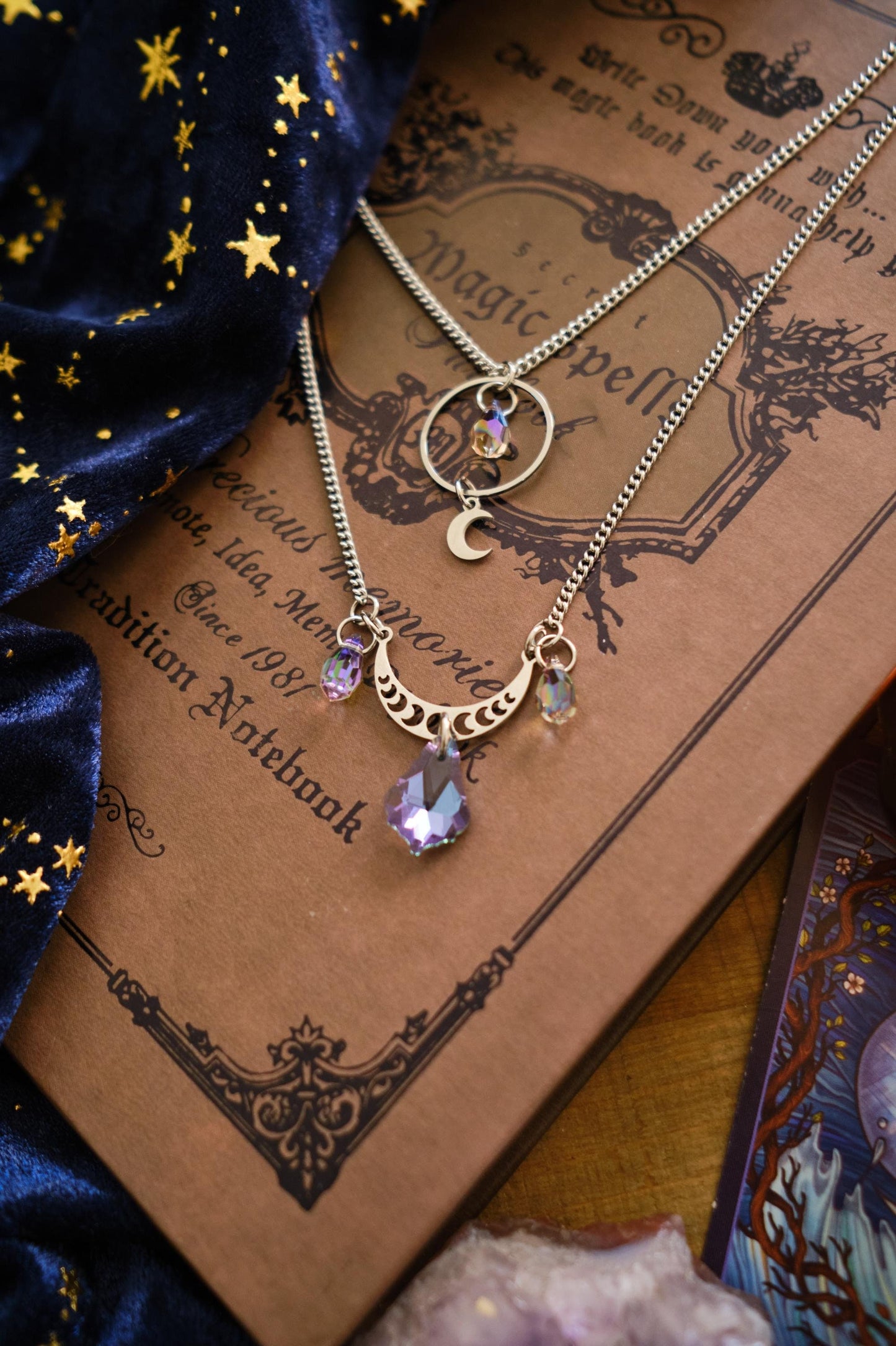 Ethereal Suncatcher Necklace, Silver Celestial Moon and Star Jewelry, Two-Strand Whimsigoth Witchy Style