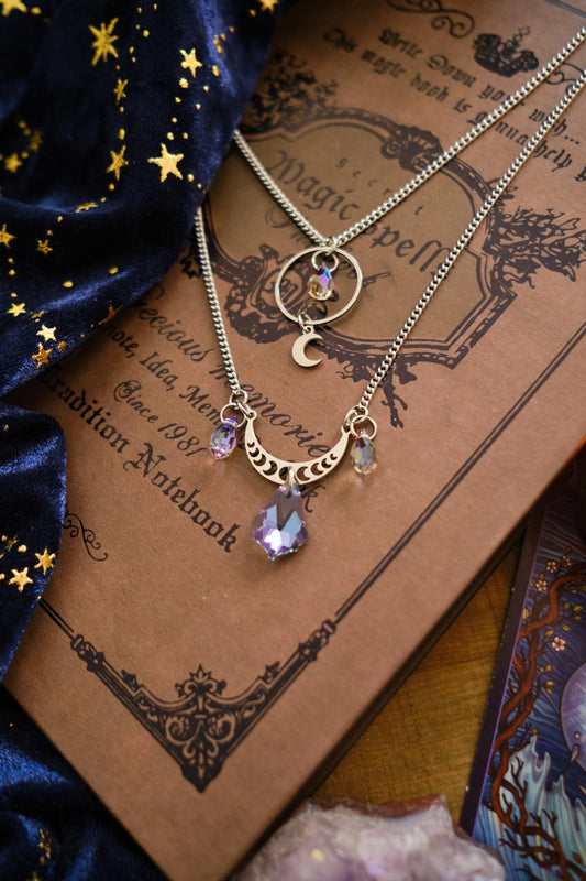 Witchy Suncatcher Necklace, Celestial Moon and Star Jewelry, Two-Strand Whimsigoth Style