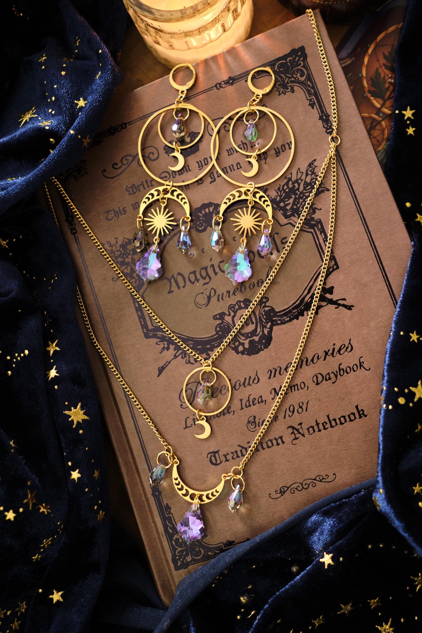 Moon and Star Suncatcher Crystal Earrings, Statement Celestial Jewelry, Holo Chandelier Bridal Earrings