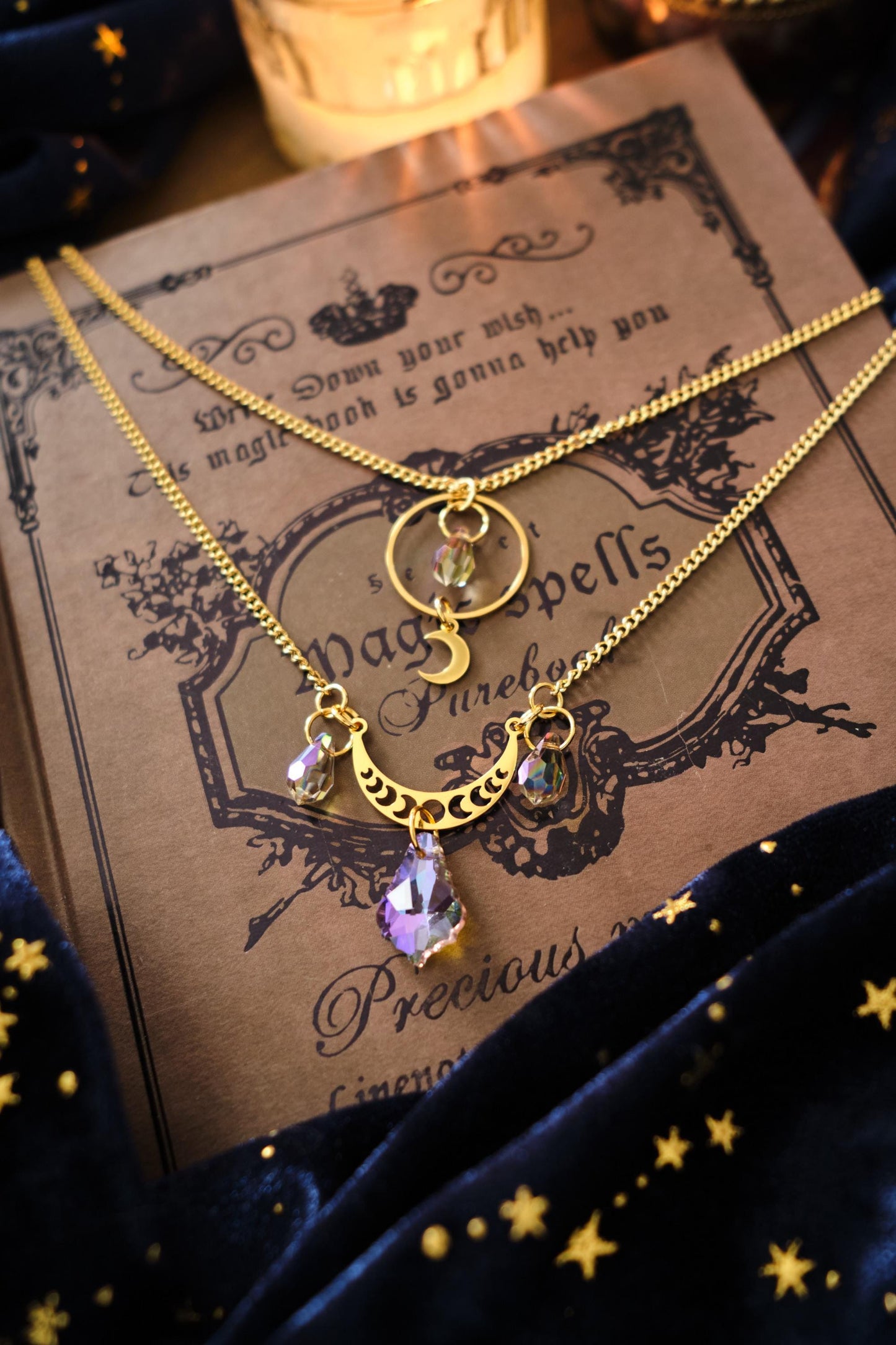 Witchy Suncatcher Necklace, Celestial Moon and Star Jewelry, Two-Strand Whimsigoth Style