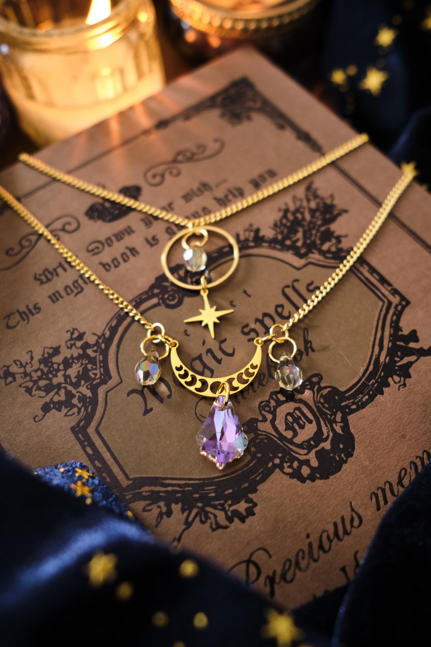 Witchy Suncatcher Necklace, Celestial Moon and Star Jewelry, Two-Strand Whimsigoth Style