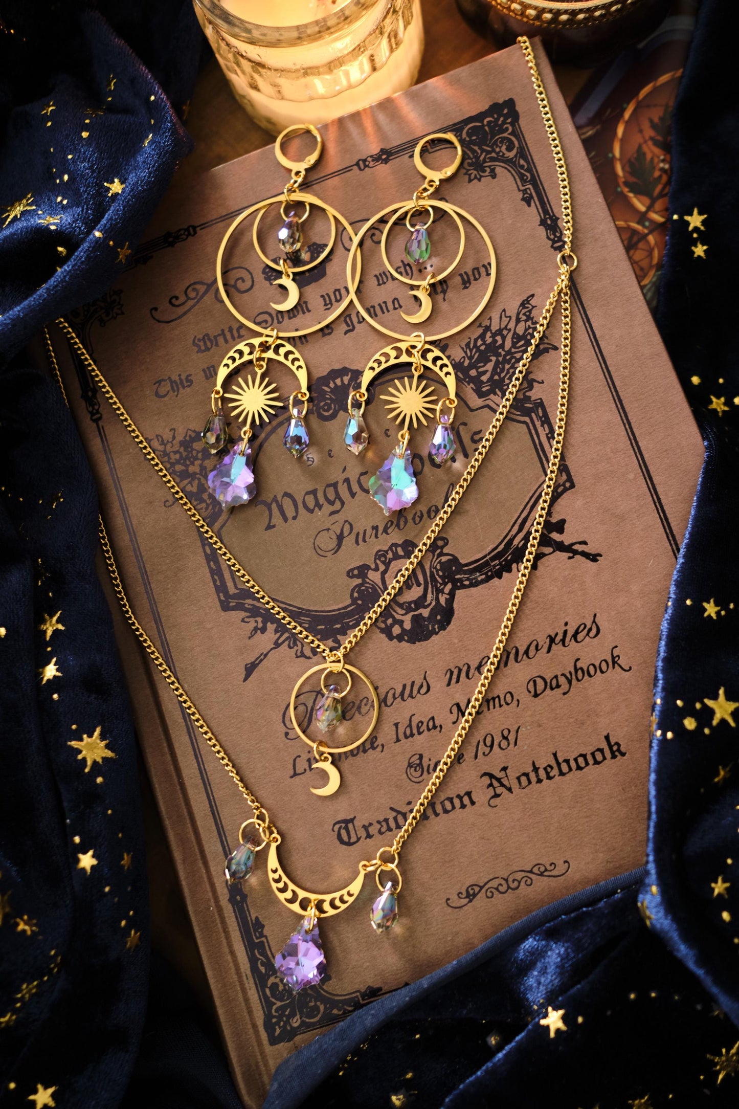 Suncatcher Necklace, Gold Celestial Moon and Star Jewelry, Mystical Two-Strand Whimsigoth Witchy Style