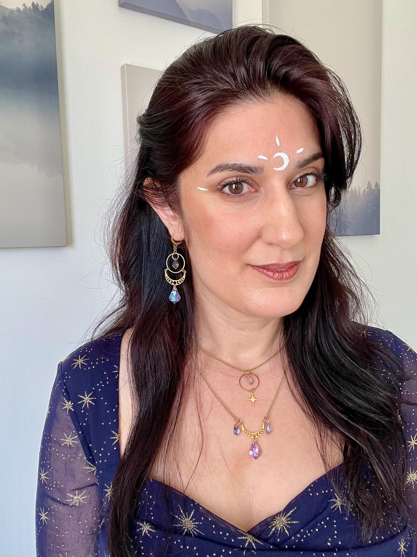 Celestial Suncatcher Earrings with Moon Phases, Rainbow Maker Crystal, Lunar Jewelry with Prism