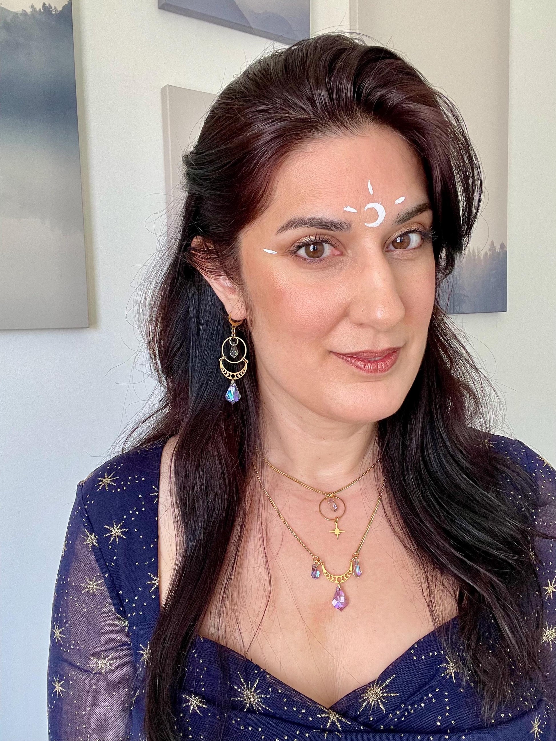 Celestial Suncatcher Earrings with Moon Phases, Rainbow Maker Crystal, Lunar Jewelry with Prism