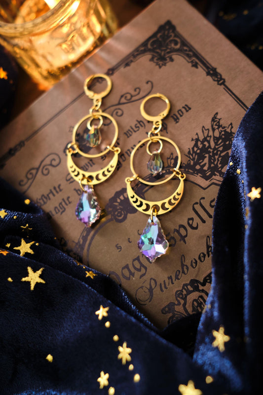 Celestial Suncatcher Earrings with Moon Phases, Rainbow Maker Crystal, Lunar Jewelry with Prism