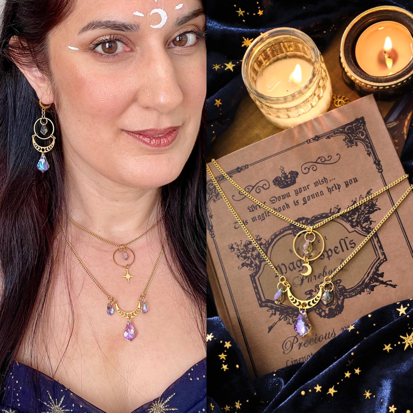 Suncatcher Necklace, Gold Celestial Moon and Star Jewelry, Mystical Two-Strand Whimsigoth Witchy Style