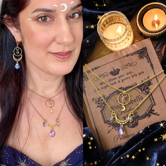 Suncatcher Necklace, Gold Celestial Moon and Star Jewelry, Mystical Two-Strand Whimsigoth Witchy Style