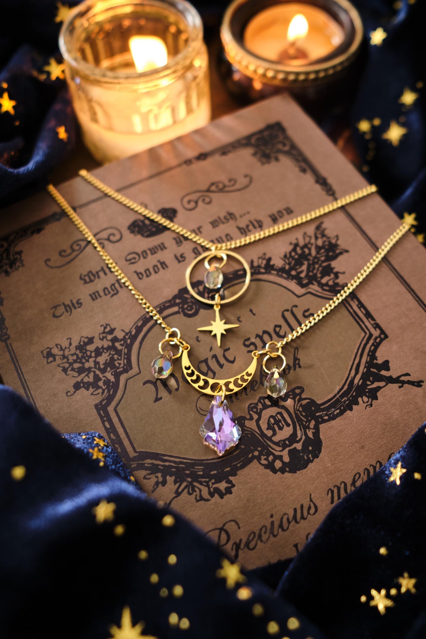 Ethereal Suncatcher Necklace, Silver Celestial Moon and Star Jewelry, Two-Strand Whimsigoth Witchy Style