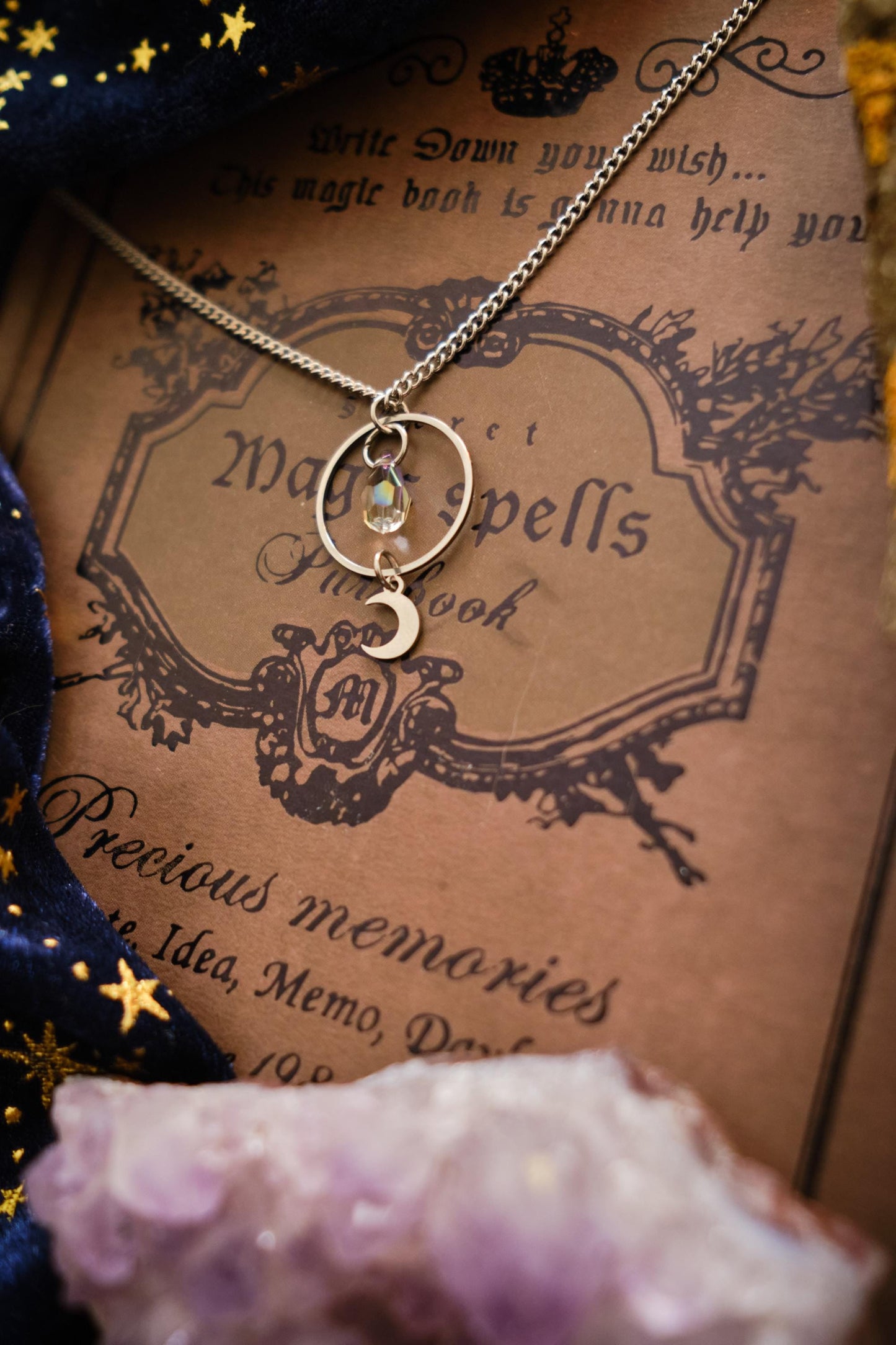 Celestial Necklace, Sparkly Minimalist Moon and Star Jewelry, Witchy Whimsigoth Style Pendant