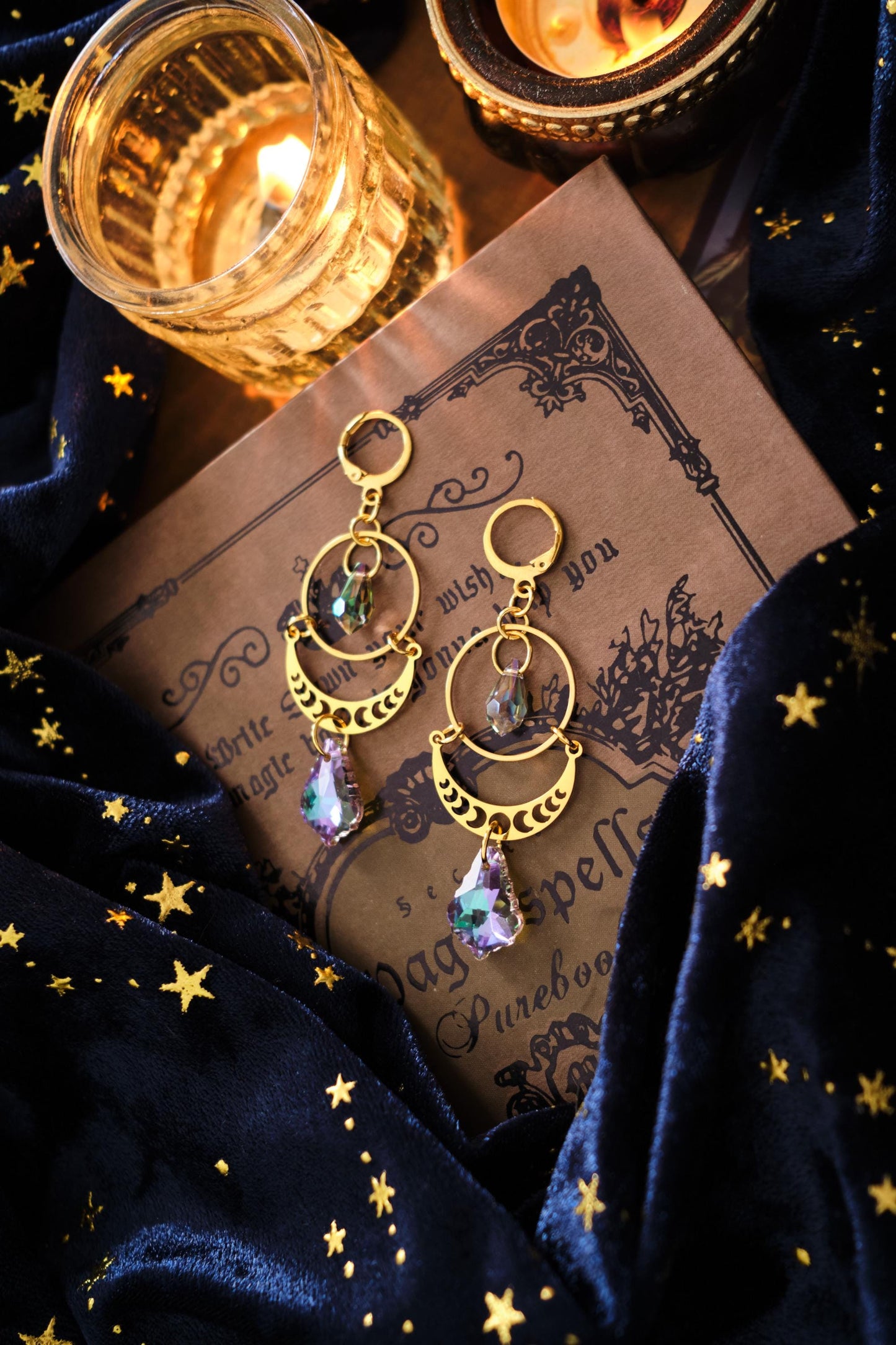 Celestial Suncatcher Earrings with Moon Phases, Rainbow Maker Crystal, Lunar Jewelry with Prism