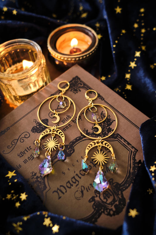 Moon and Star Suncatcher Crystal Earrings, Statement Celestial Jewelry, Holo Chandelier Bridal Earrings