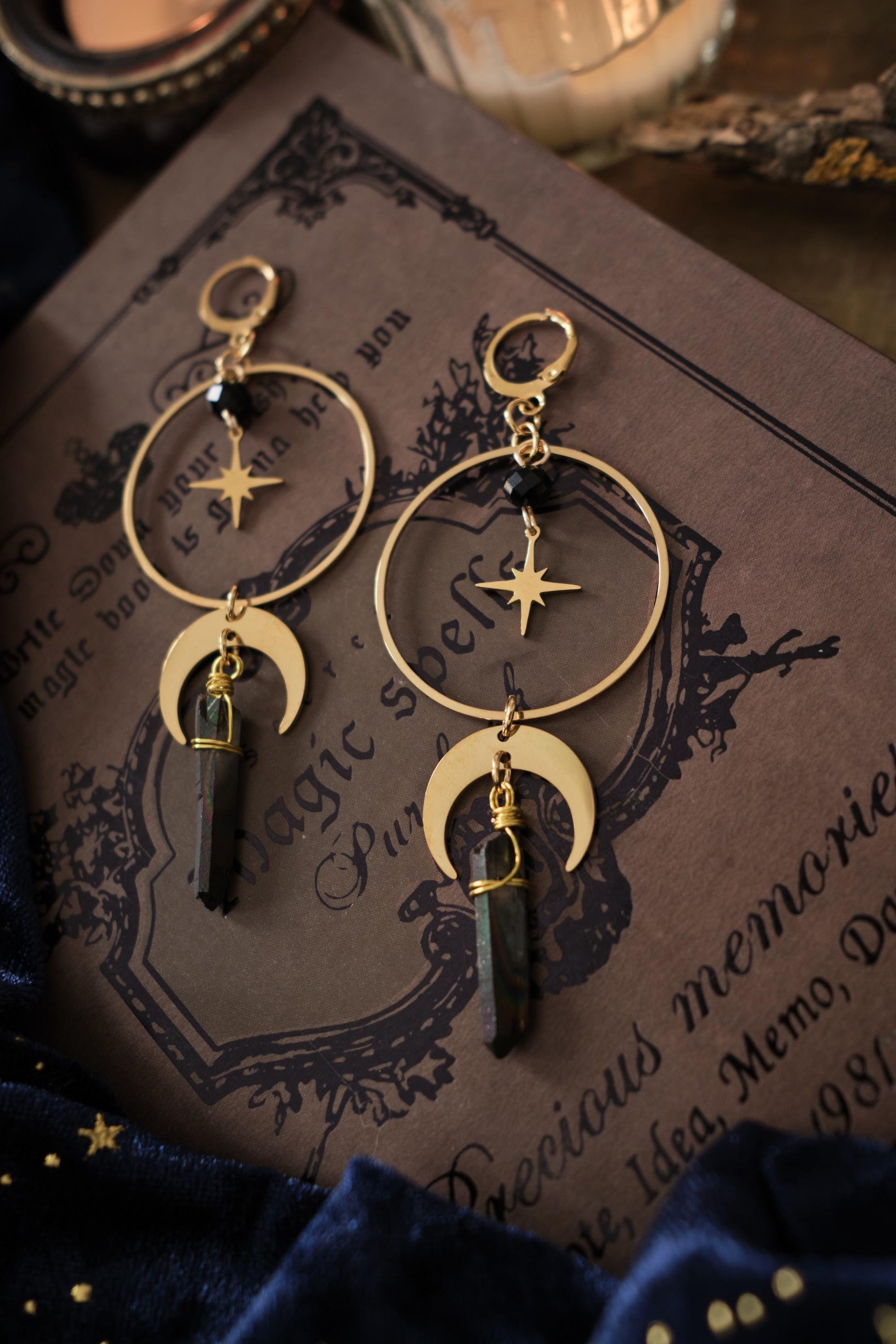 Moon and Star Crystal Earrings, Quartz Crystal, Celestial Jewelry