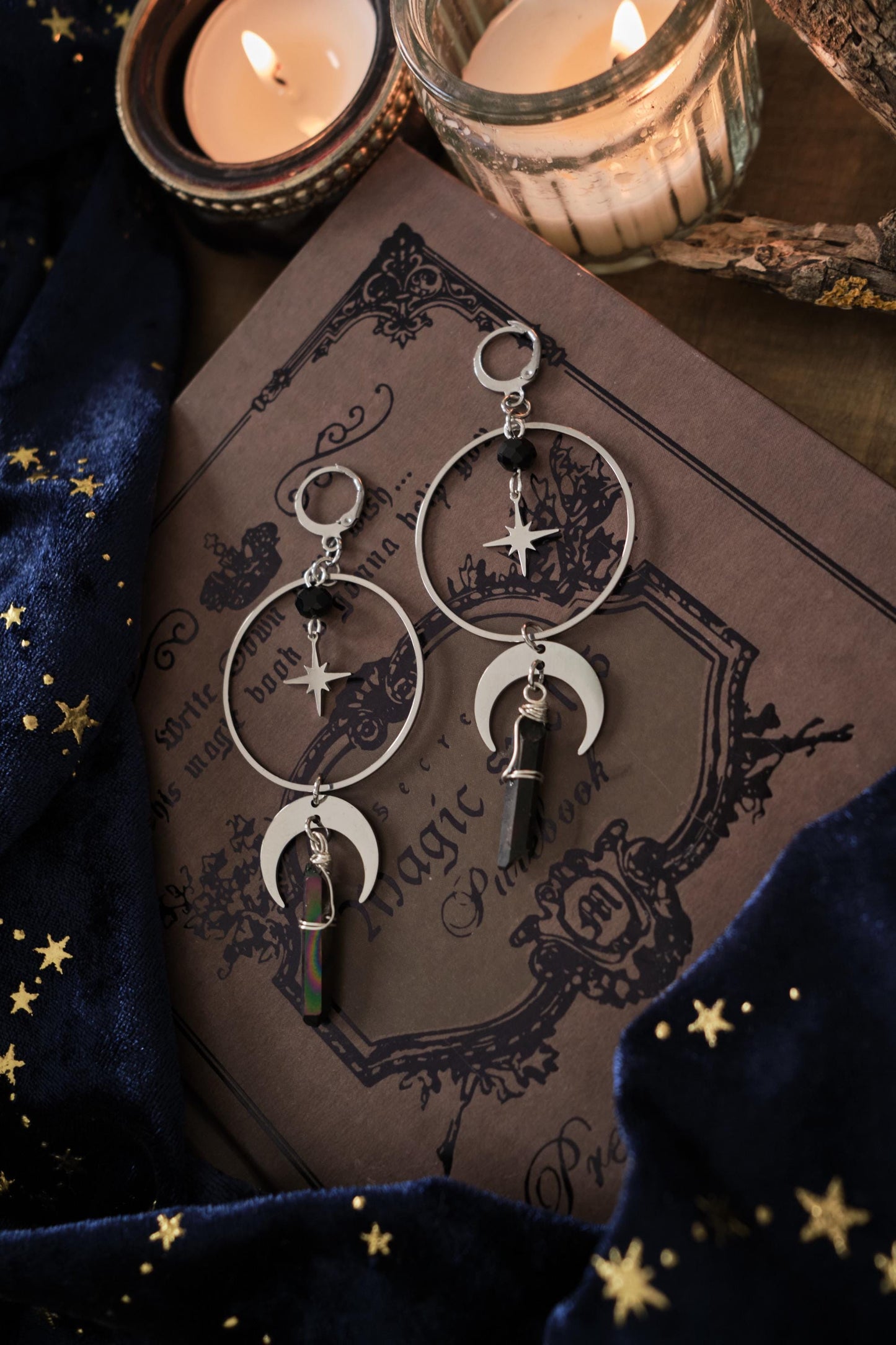 Moon and Star Crystal Earrings, Quartz Crystal, Celestial Jewelry