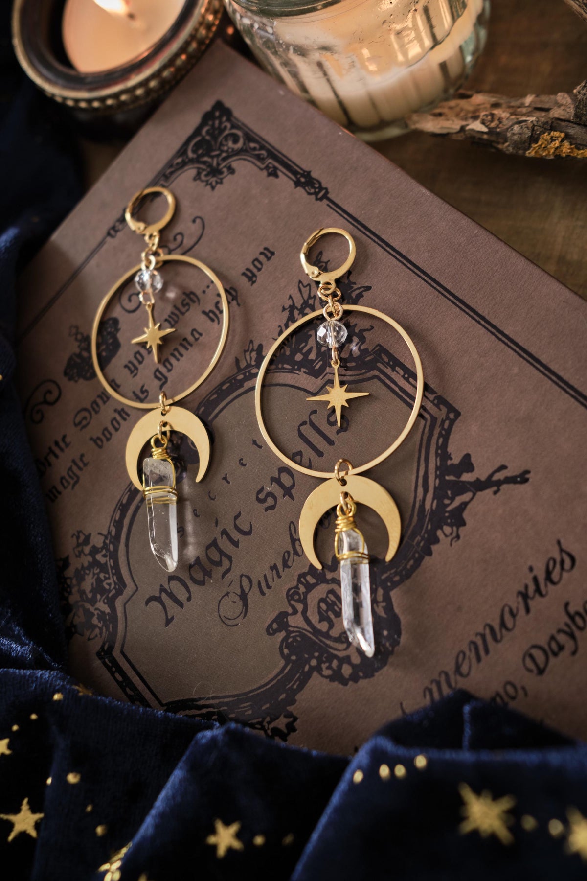Moon and Star Crystal Earrings, Quartz Crystal, Celestial Jewelry