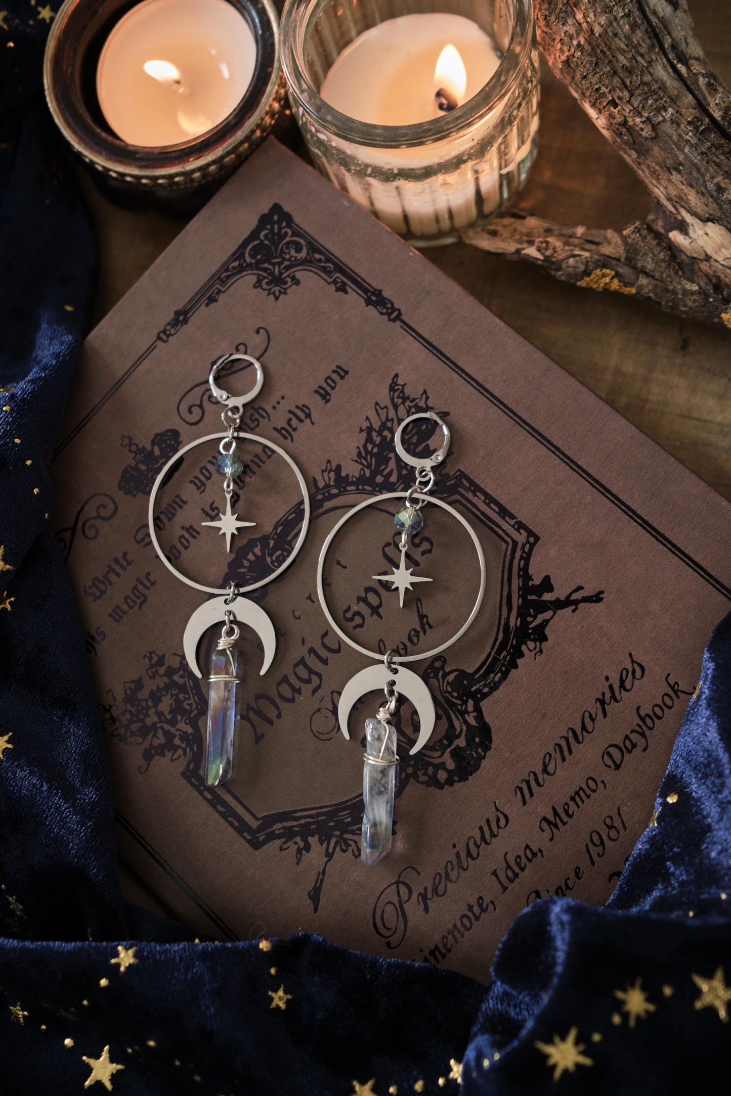 Moon and Star Crystal Earrings, Quartz Crystal, Celestial Jewelry
