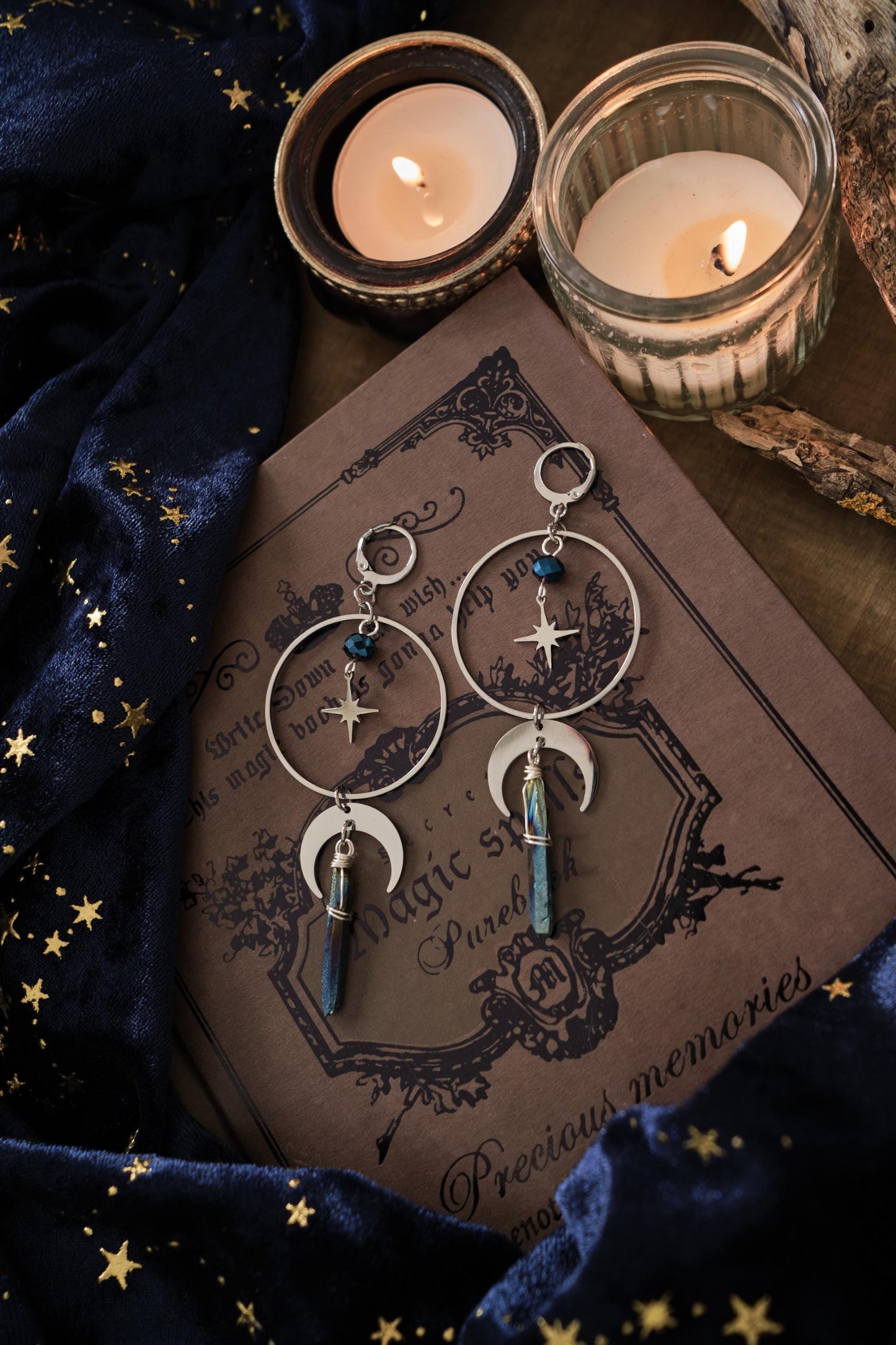 Moon and Star Crystal Earrings, Quartz Crystal, Celestial Jewelry