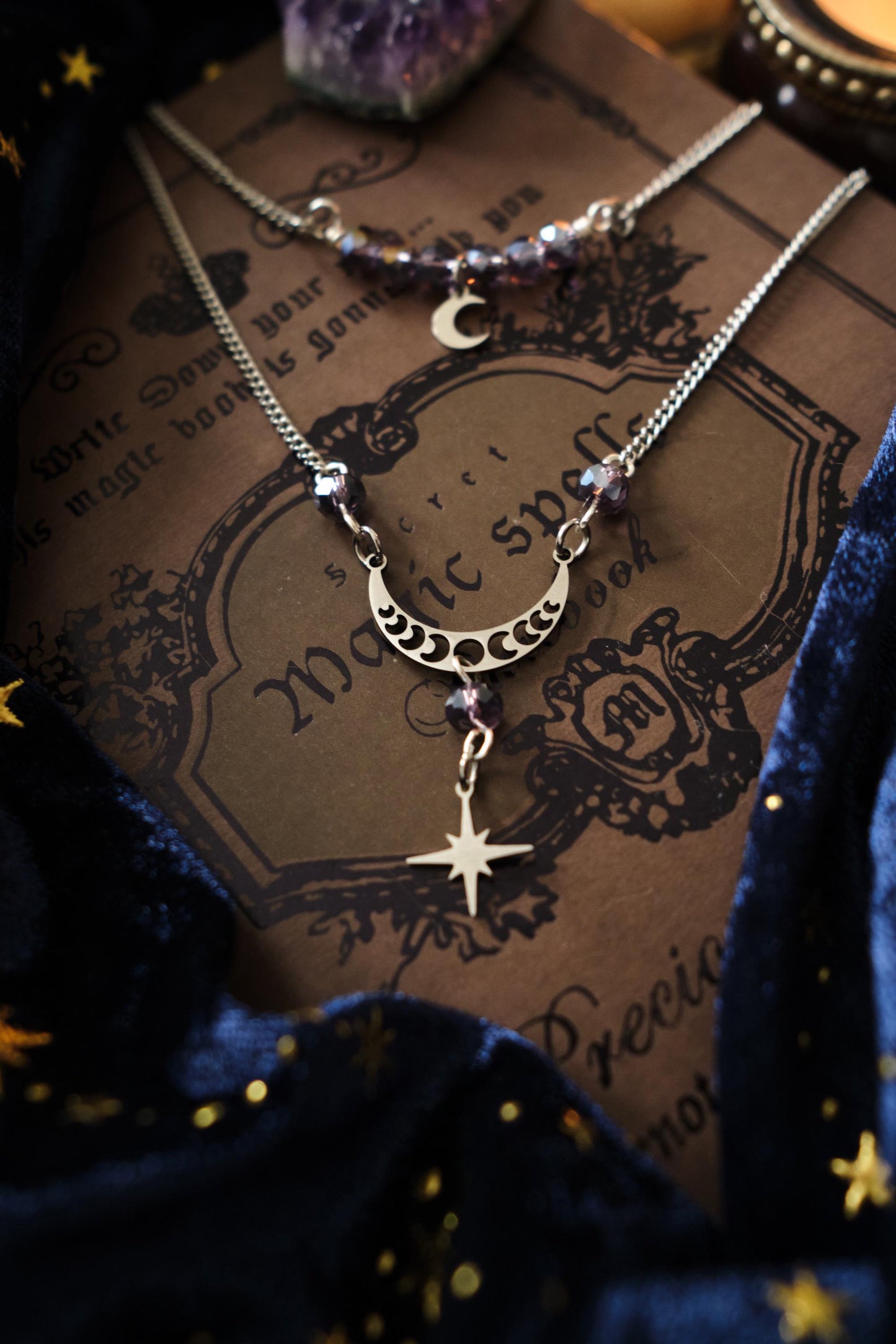 Witchy Necklace with Silver Moon and Star Charm, Celestial Jewelry, Whimsigoth Style - Silver