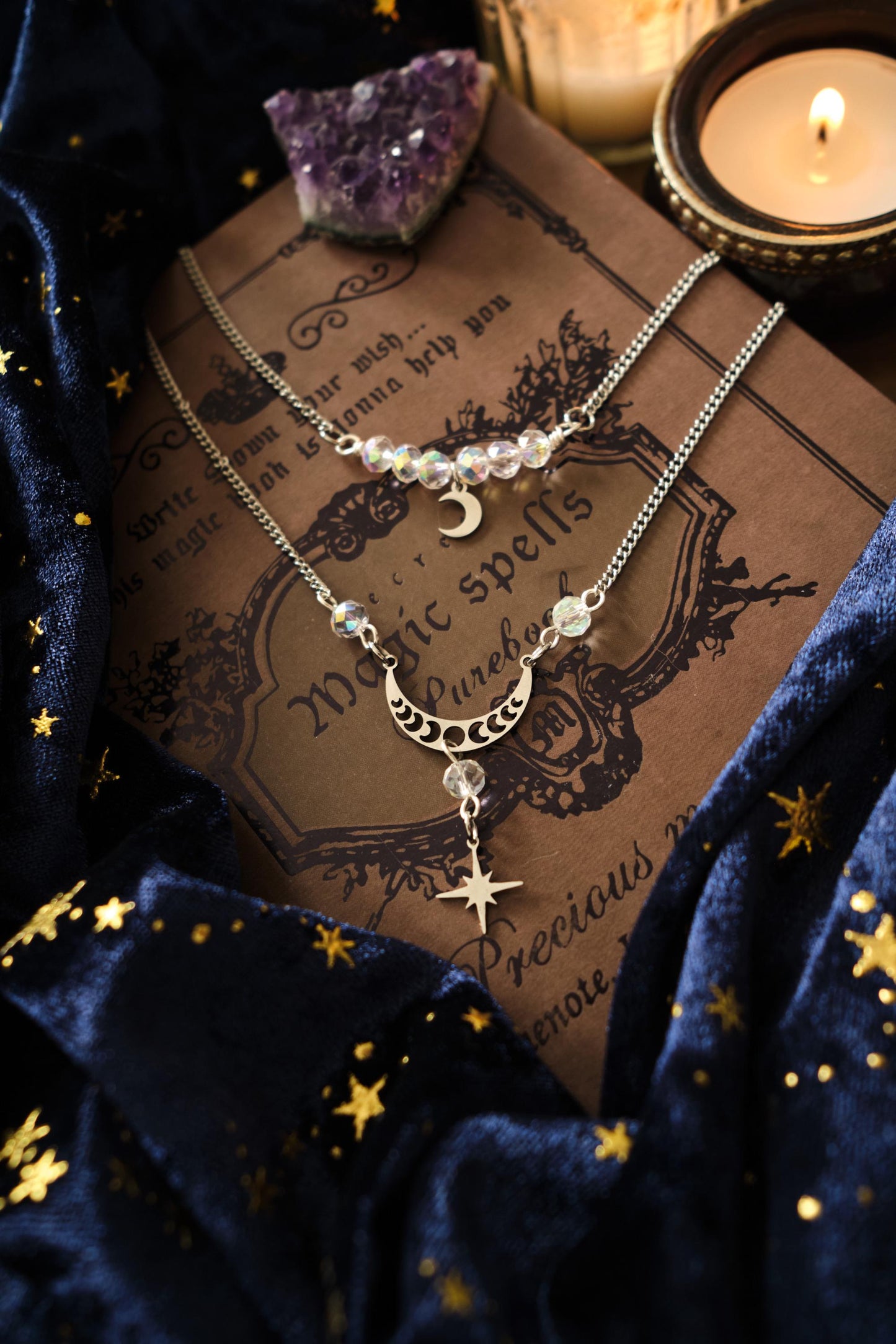 Witchy Necklace with SIlver Moon and Star Charm, Celestial Jewelry, Whimsigoth Style - Silver