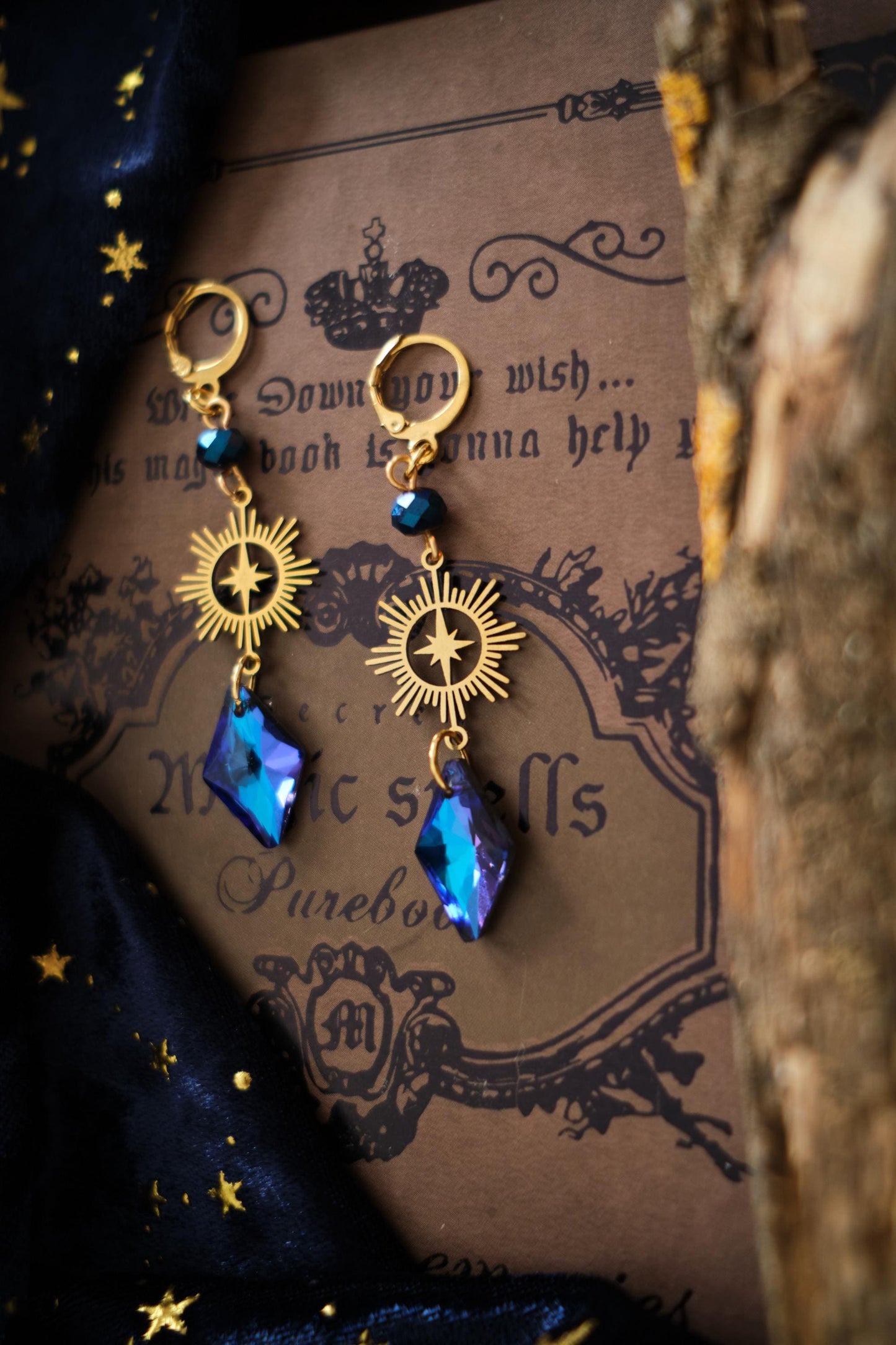 Whimsical Earrings, Dark Blue and Silver Celestial Whimsigoth Style Jewelry