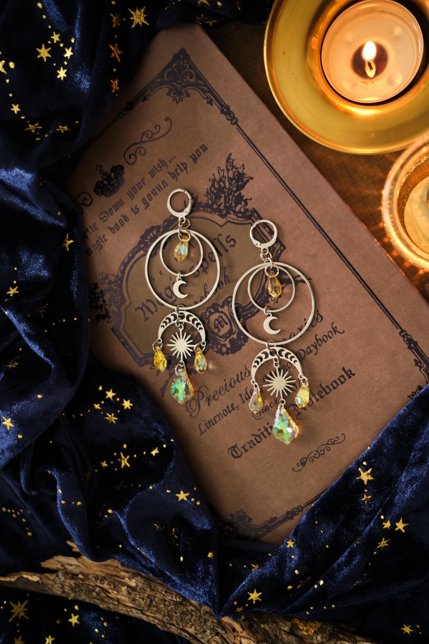 Moon and Star Suncatcher Crystal Earrings, Statement Celestial Jewelry, Holo Chandelier Bridal Earrings