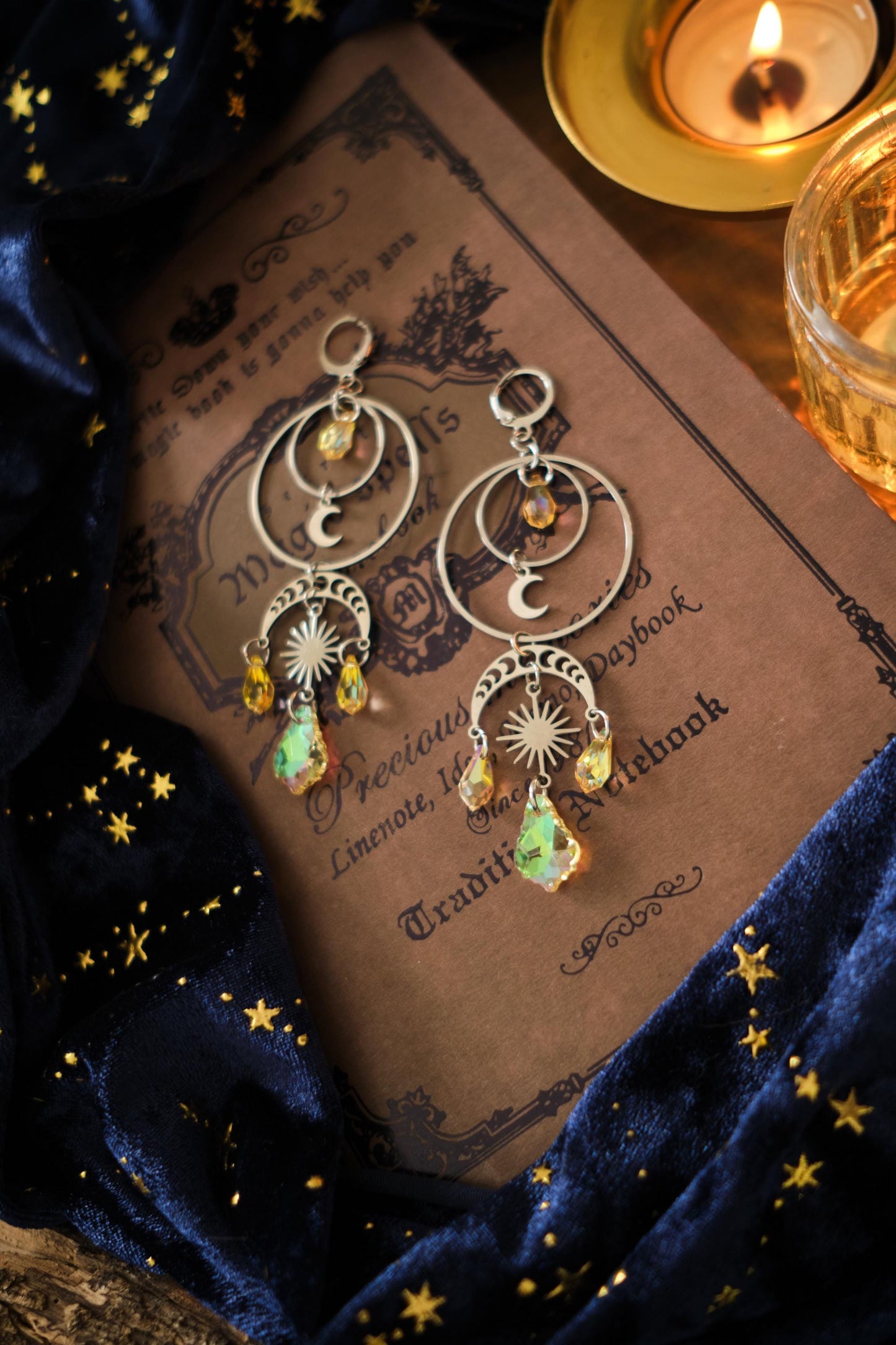 Moon and Star Suncatcher Crystal Earrings, Statement Celestial Jewelry, Holo Chandelier Bridal Earrings