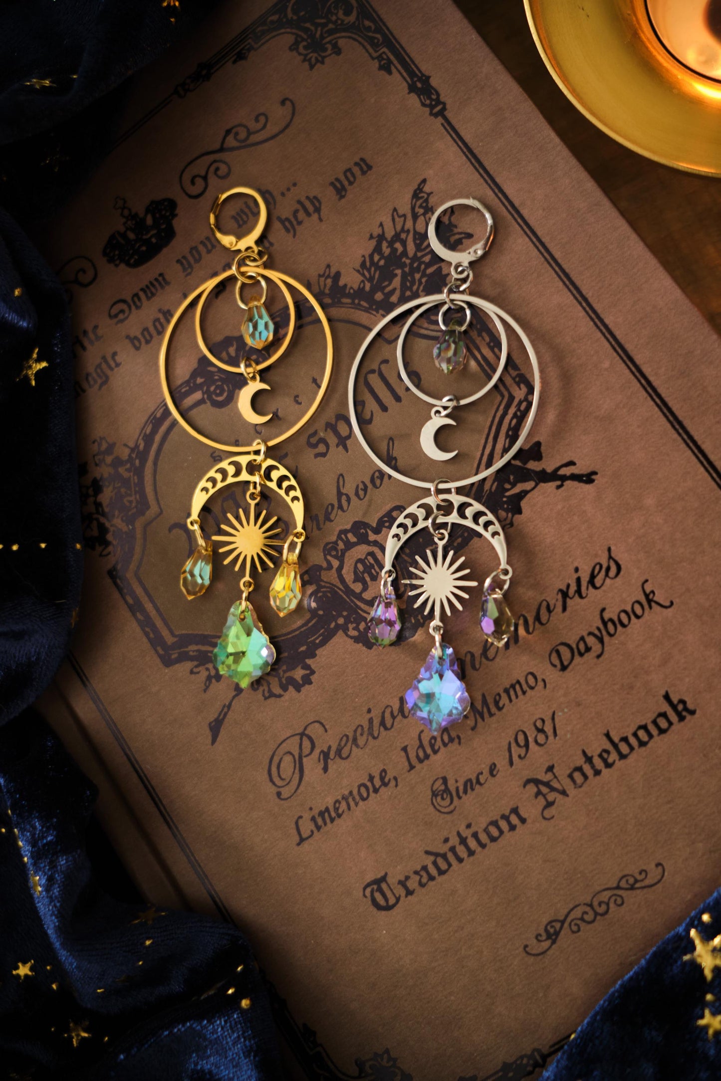 Moon and Star Suncatcher Crystal Earrings, Statement Celestial Jewelry, Holo Chandelier Bridal Earrings