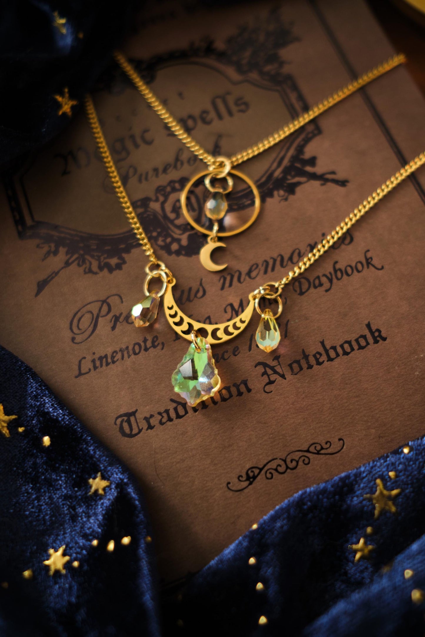 Suncatcher Necklace, Gold Celestial Moon and Star Jewelry, Mystical Two-Strand Whimsigoth Witchy Style