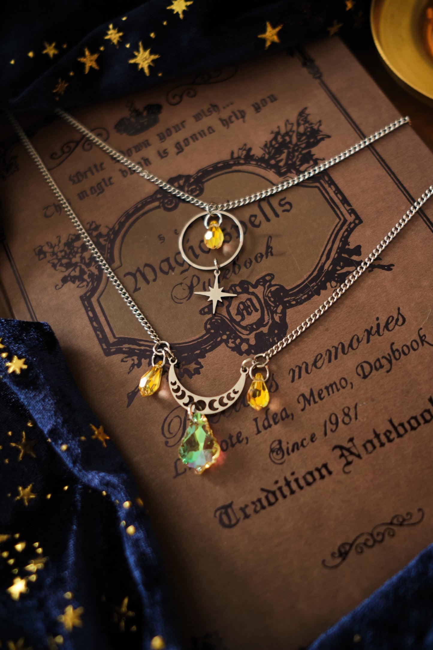 Suncatcher Necklace, Gold Celestial Moon and Star Jewelry, Mystical Two-Strand Whimsigoth Witchy Style