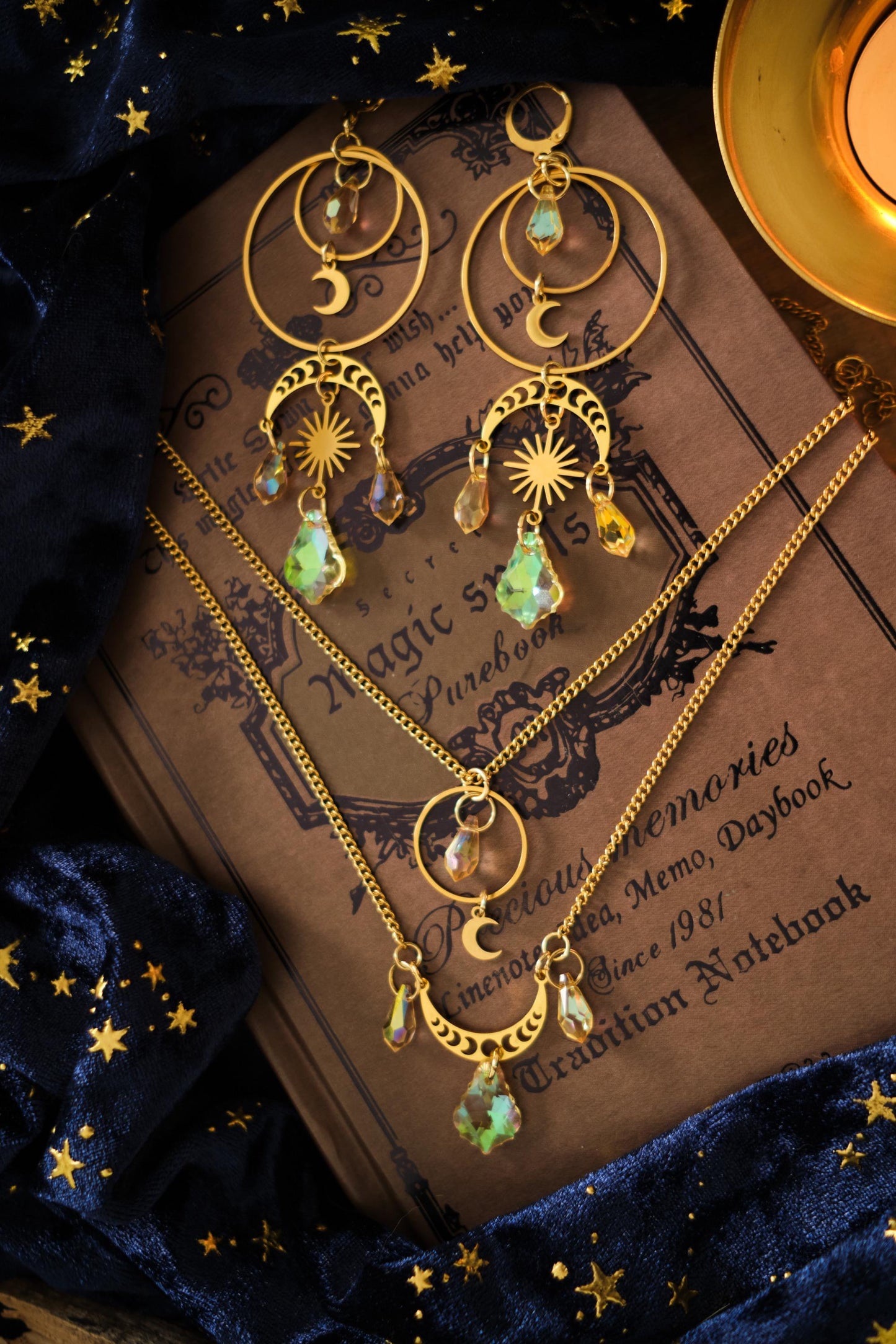 Moon and Star Suncatcher Crystal Earrings, Statement Celestial Jewelry, Holo Chandelier Bridal Earrings