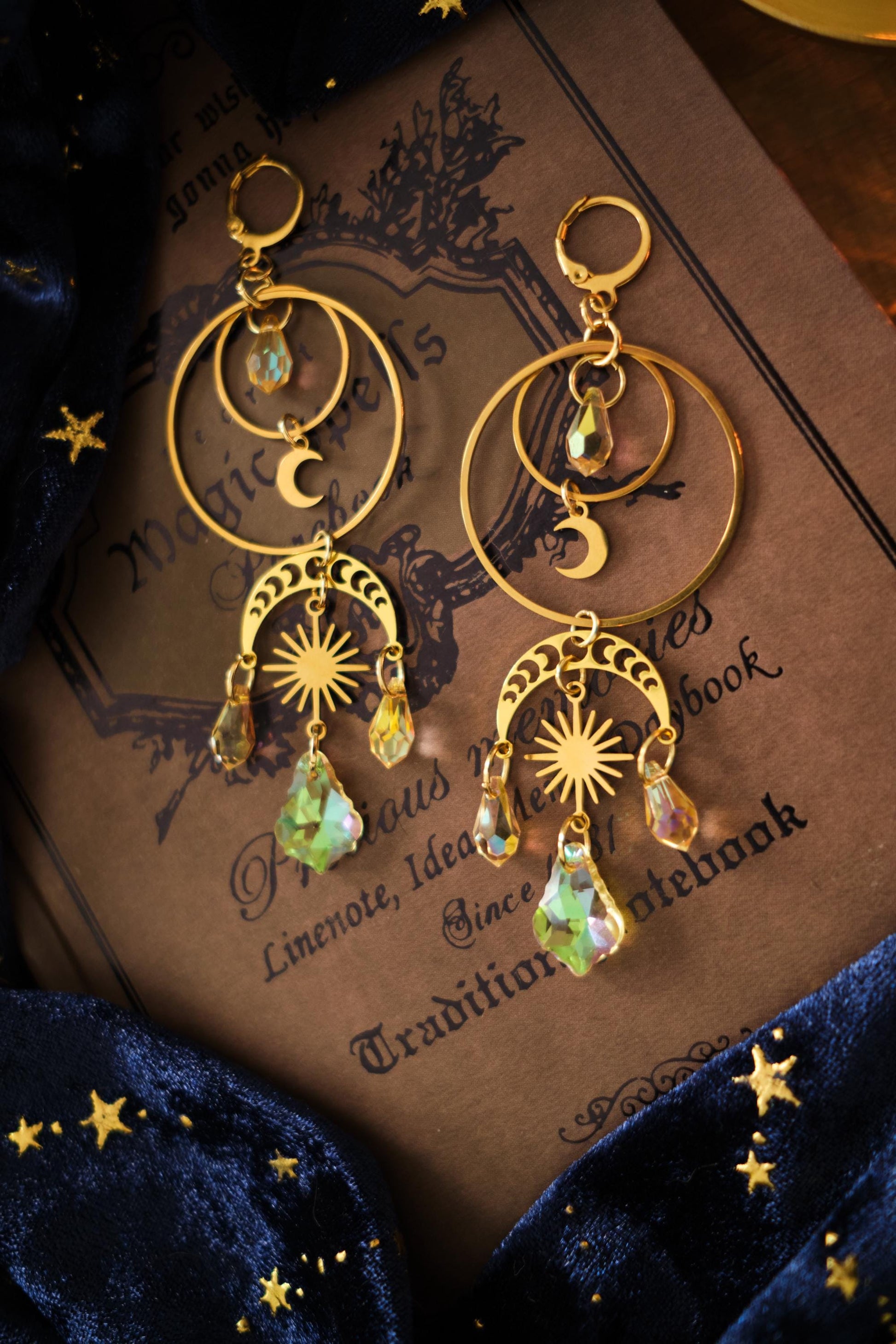 Moon and Star Suncatcher Crystal Earrings, Statement Celestial Jewelry, Holo Chandelier Bridal Earrings