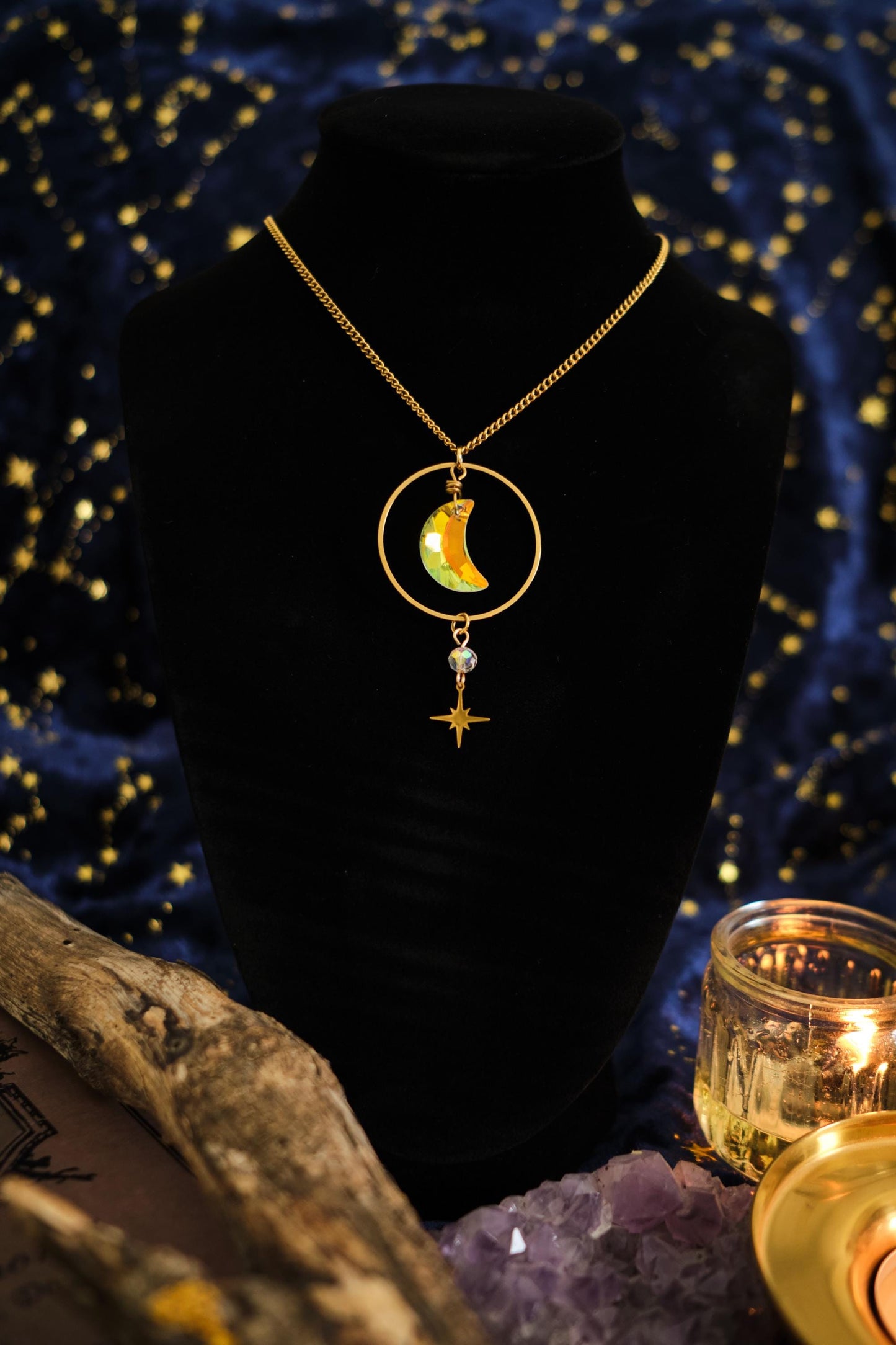 Suncatcher Moon Necklace, Celestial Witchy Jewelry, Whimsigoth Style Sparkly Necklace with Moon and Star