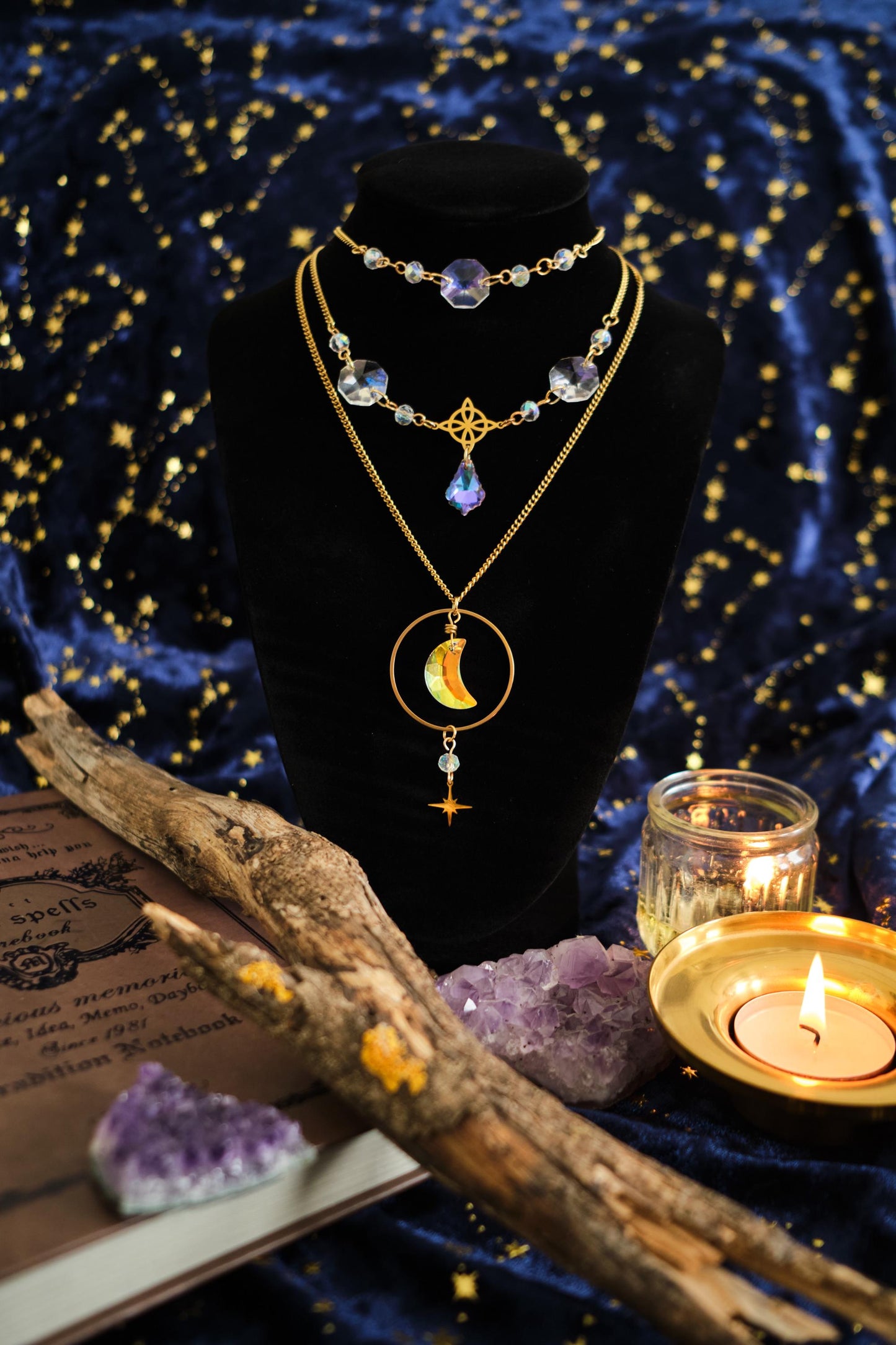 Suncatcher Moon Necklace, Celestial Witchy Jewelry, Whimsigoth Style Sparkly Necklace with Moon and Star