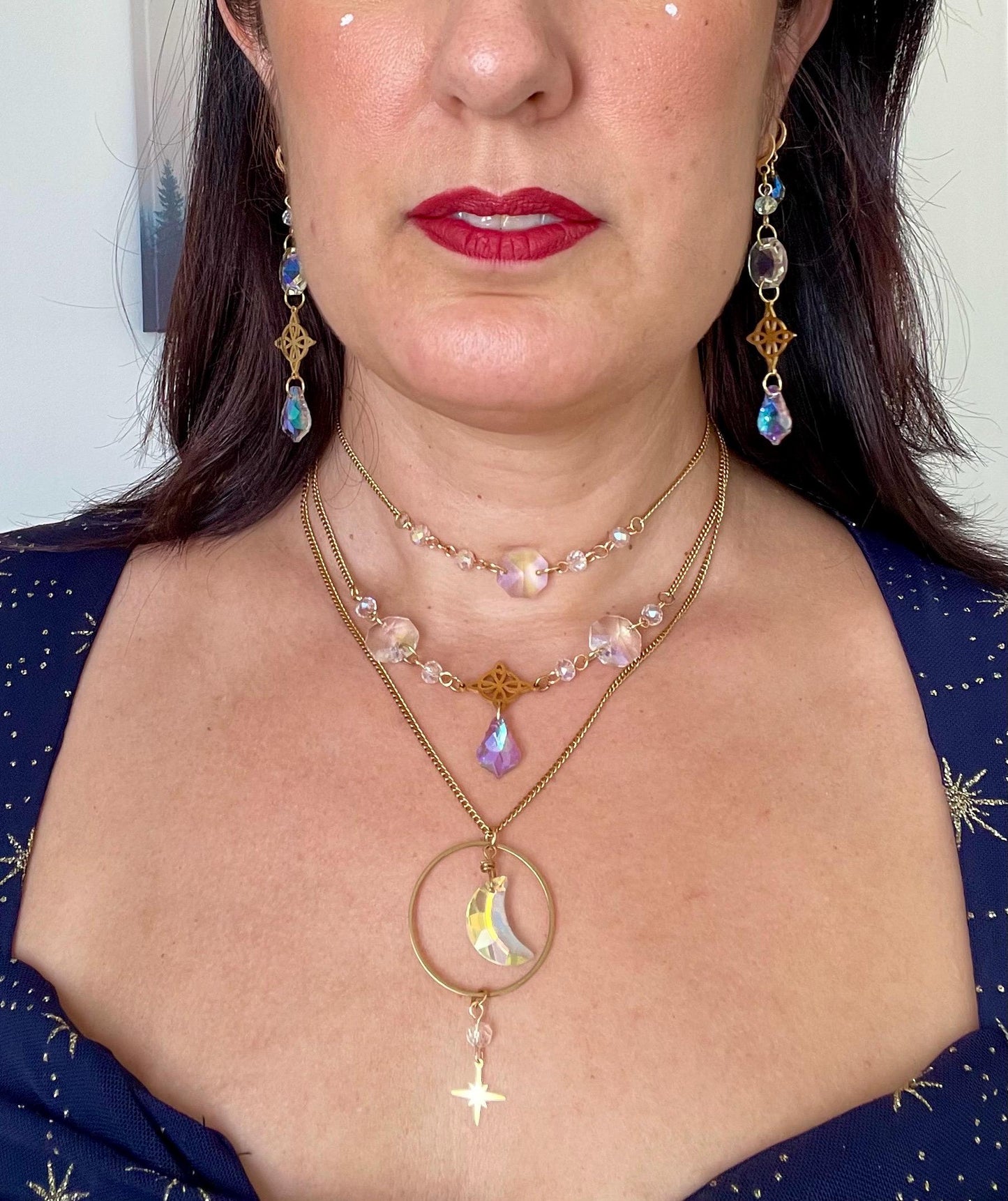 Suncatcher Moon Necklace, Celestial Witchy Jewelry, Whimsigoth Style Sparkly Necklace with Moon and Star