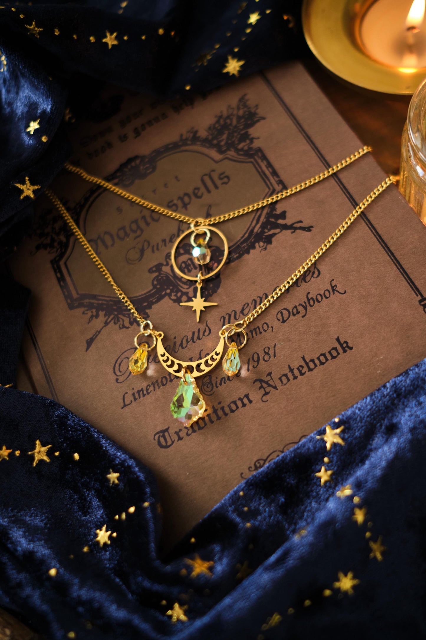 Witchy Suncatcher Necklace, Celestial Moon and Star Jewelry, Two-Strand Whimsigoth Style