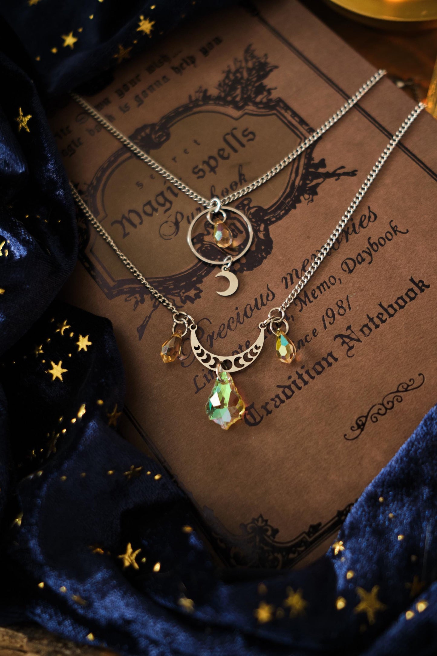 Suncatcher Necklace, Gold Celestial Moon and Star Jewelry, Mystical Two-Strand Whimsigoth Witchy Style